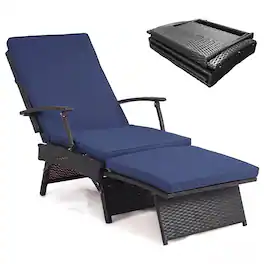 Gymax - Folding Wicker Chaise Lounge w/Slide-Out Ottoman11-Level Adjustable Backrest Mix Brown & Navy - Blue