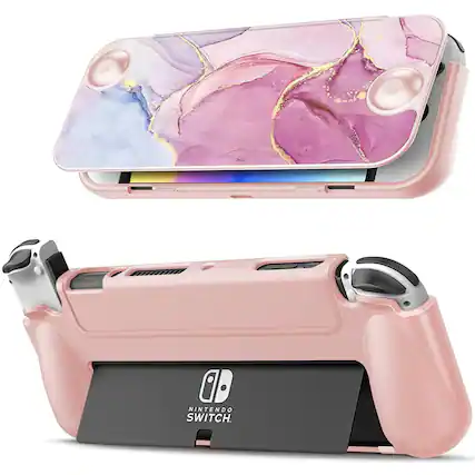 Front. Kitcheniva - Lightweight TPU Case For Nintendo Switch OLED Model 2021 With Front Cover Glittering Marble - Glittering Marble.