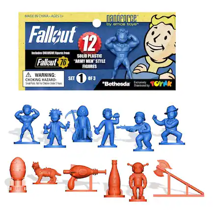 MADE IN CHINA • AGES 3+
nanoforce by emce toys™
Fallout 12
Includes EXCLUSIVE figures from Fallout 76 "ARMY MEN" STYLE FIGURES!
WARNING: CHOKING HAZARD- Small Parts. Not For Children Under 3 Years.
SET 1 OF 3
Bethesda
Exclusively Distributed by TOYNK