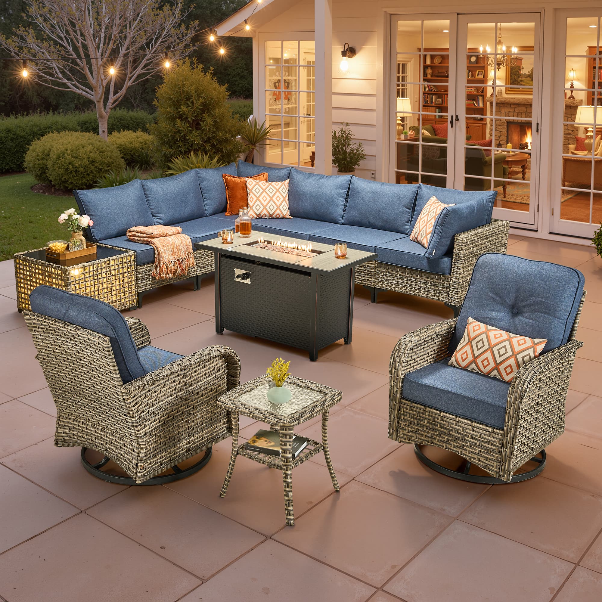Ovios - 11 PCS Patio Furniture Set Sectional Sofa with Swivel Chair, Coffee Table & 42" Fire Pit Table - Denim Blue