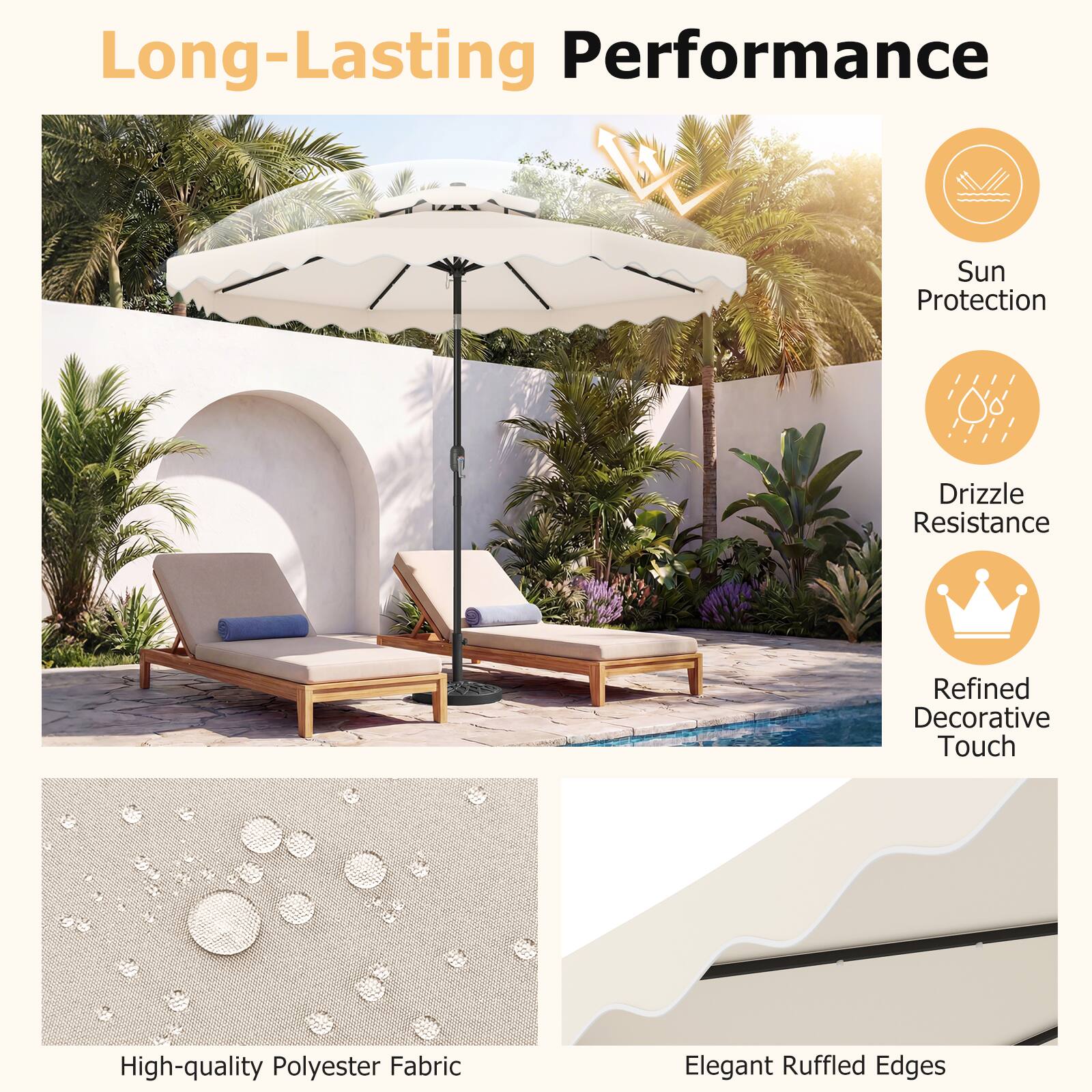 Long-Lasting Performance  
Sun Protection  
Drizzle Resistance  
Refined Decorative Touch  
High-quality Polyester Fabric  
Elegant Ruffled Edges