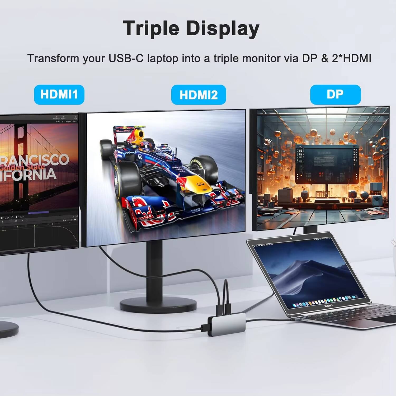 Triple Display  
Transform your USB-C laptop into a triple monitor via DP & 2*HDMI  

HDMI1  
HDMI2  
DP  

SAN FRANCISCO  
Golden State  
CALIFORNIA