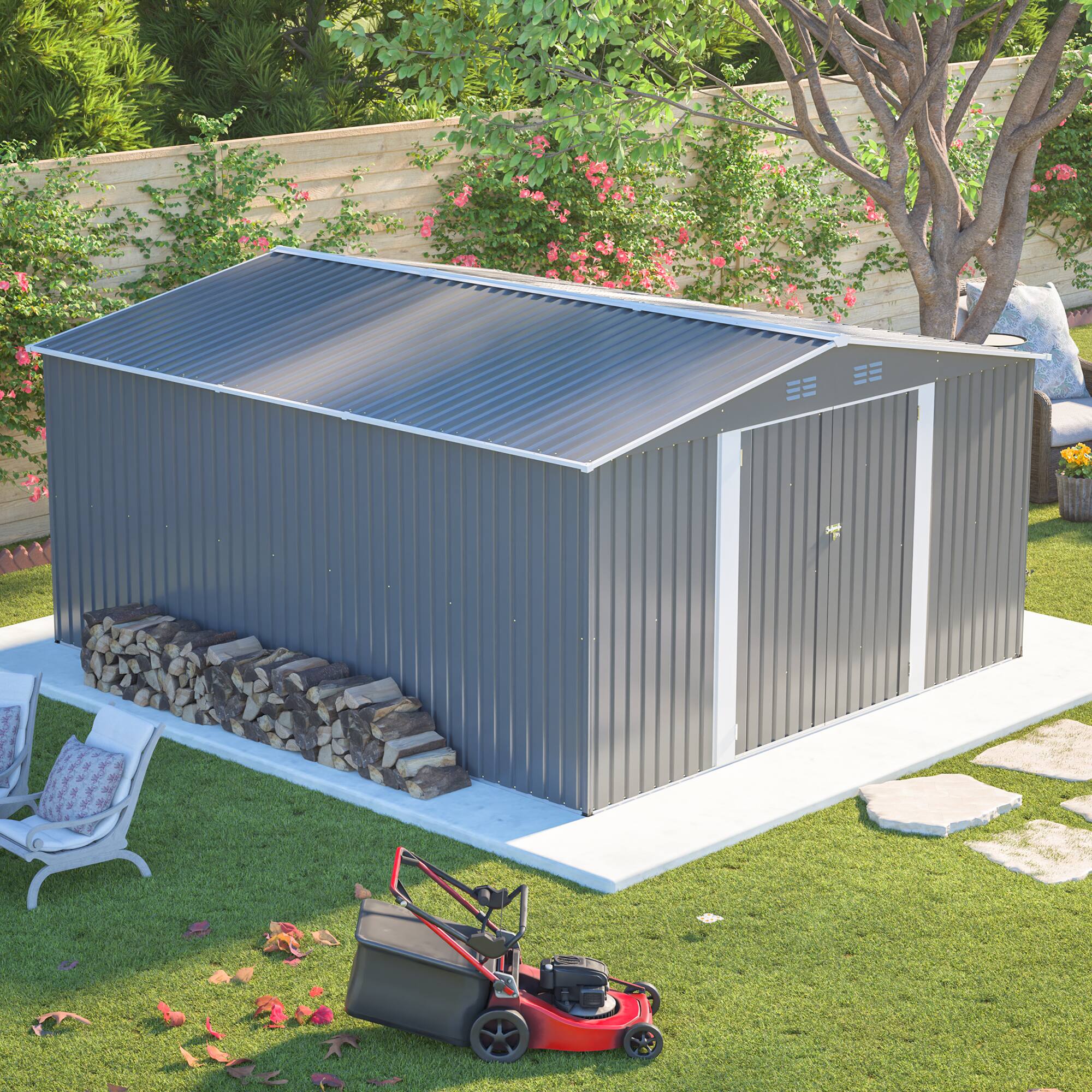 Alt View 10. Loheer - Loheer 12x14 Metal Storage Shed Large Garden Tool Shed Waterproof Yard Building with Lockable Double Doors Light Gray.