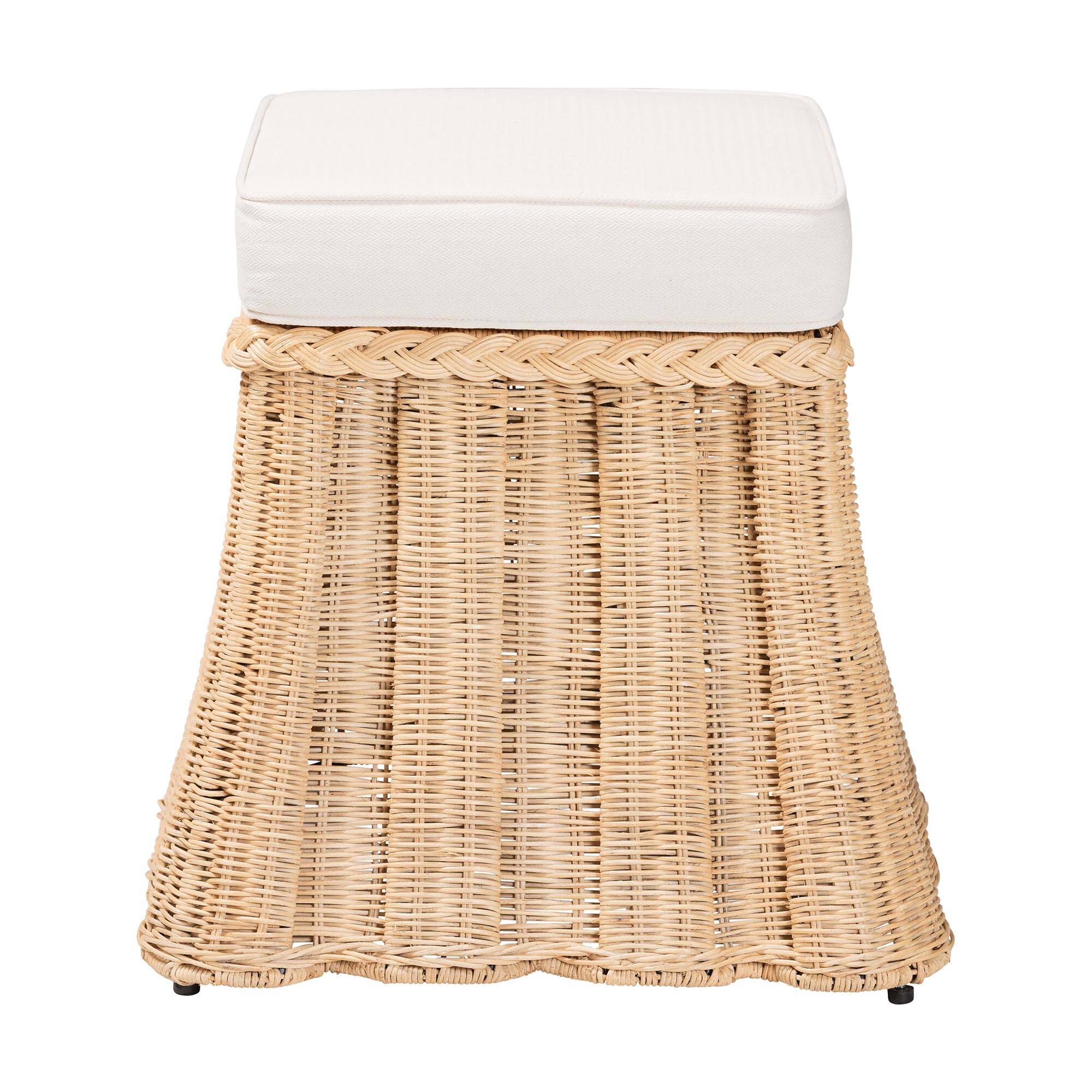 Angle. bali & pari - Rotem Natural Rattan Ottoman with Cushion - Handwoven Wicker Pleated Skirt Accent Coffee Table, Small - Natural Brown.