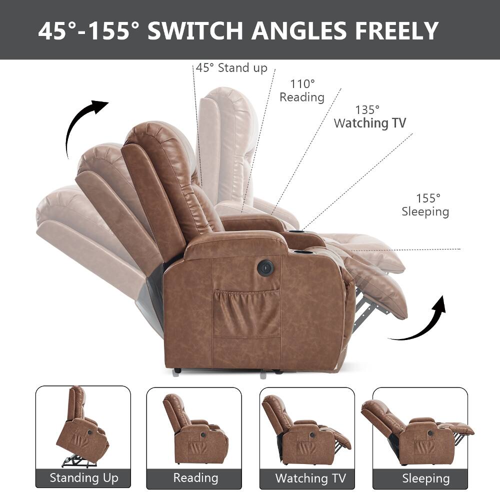 45°-155° SWITCH ANGLES FREELY

45° Stand up
110° Reading
135° Watching TV
155° Sleeping

Standing Up
Reading
Watching TV
Sleeping