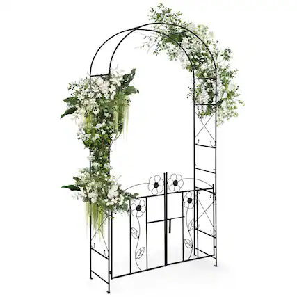 Front. Costway - 2 in 1 Garden Arbor Decorative Wedding Arch with Door & Latch for Climbing Plants - Black.