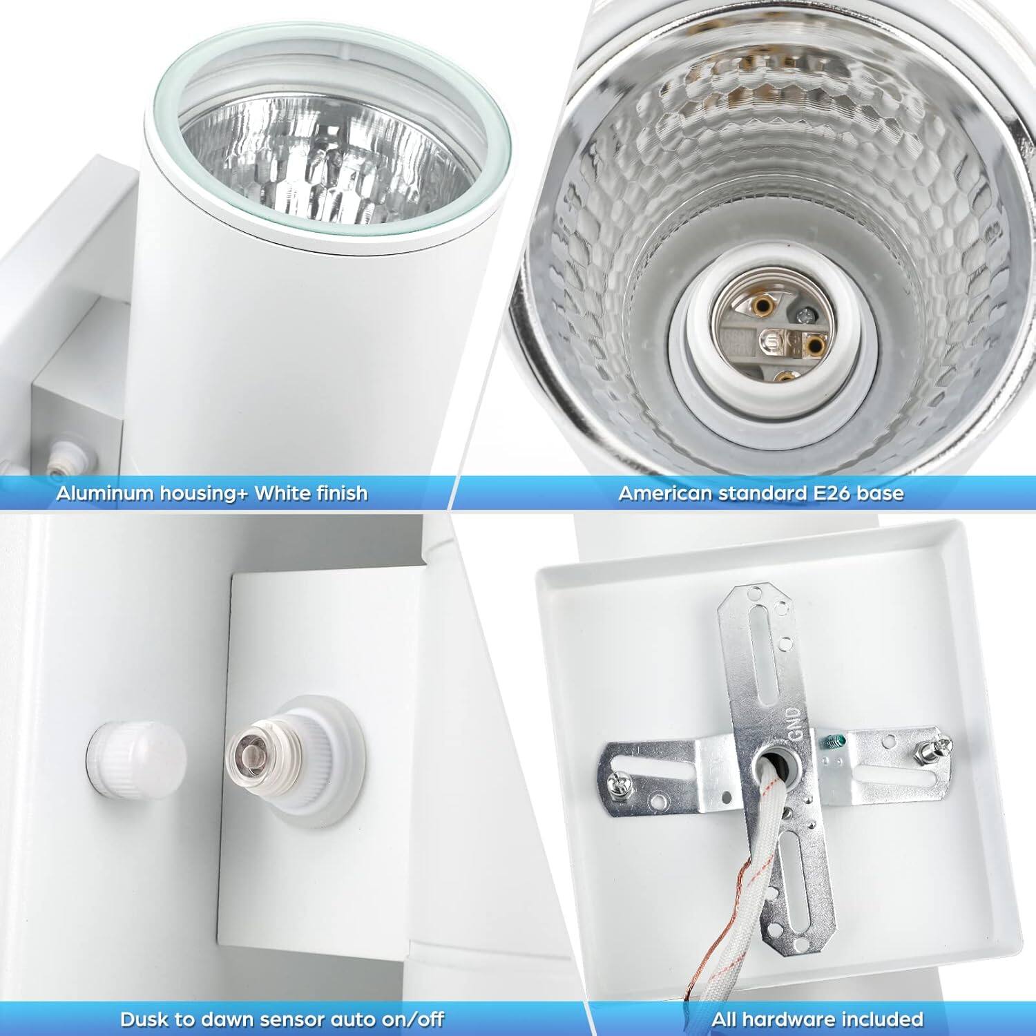 - Aluminum housing + White finish
- American standard E26 base
- Dusk to dawn sensor auto on/off
- All hardware included