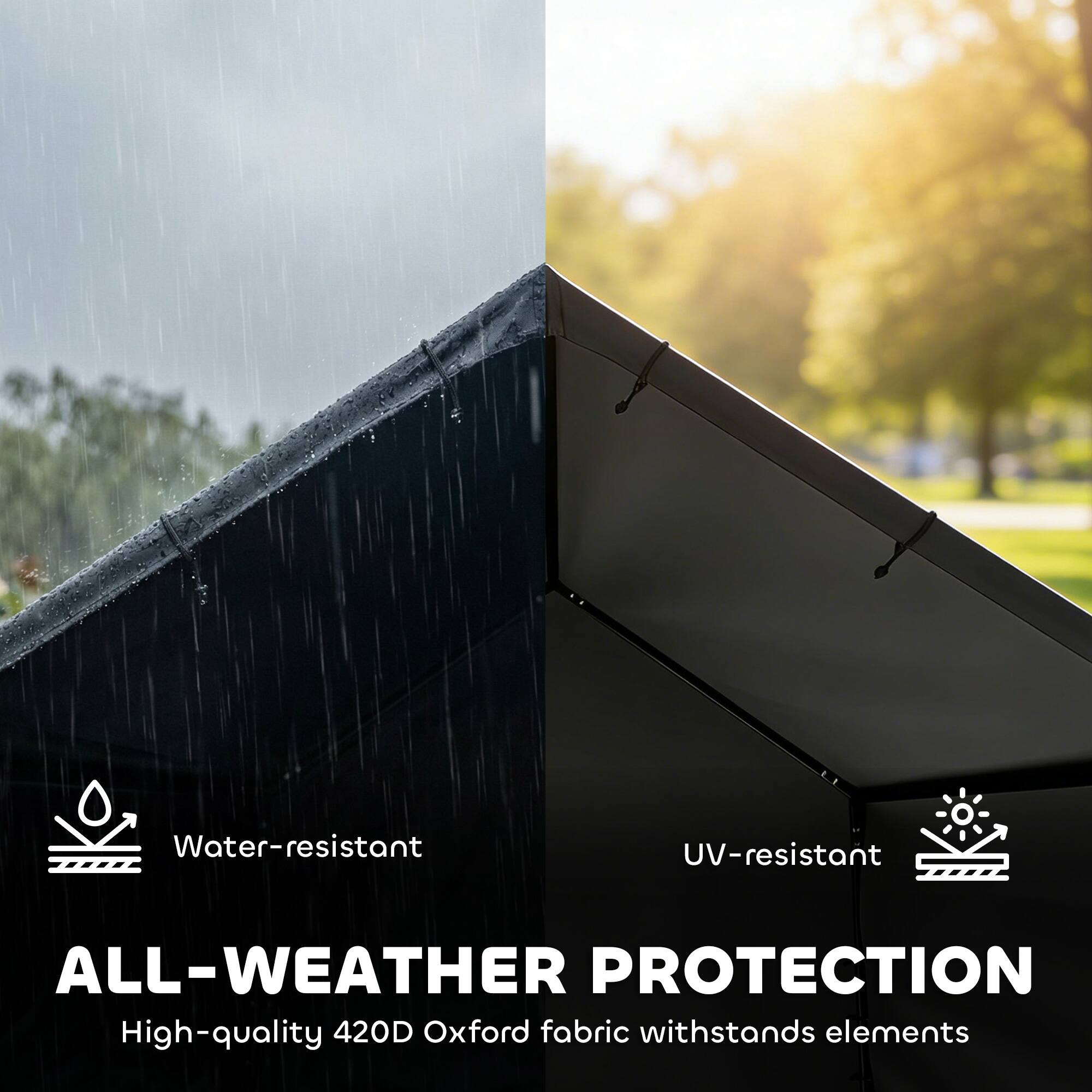 Water-resistant  
UV-resistant  
ALL-WEATHER PROTECTION  
High-quality 420D Oxford fabric withstands elements