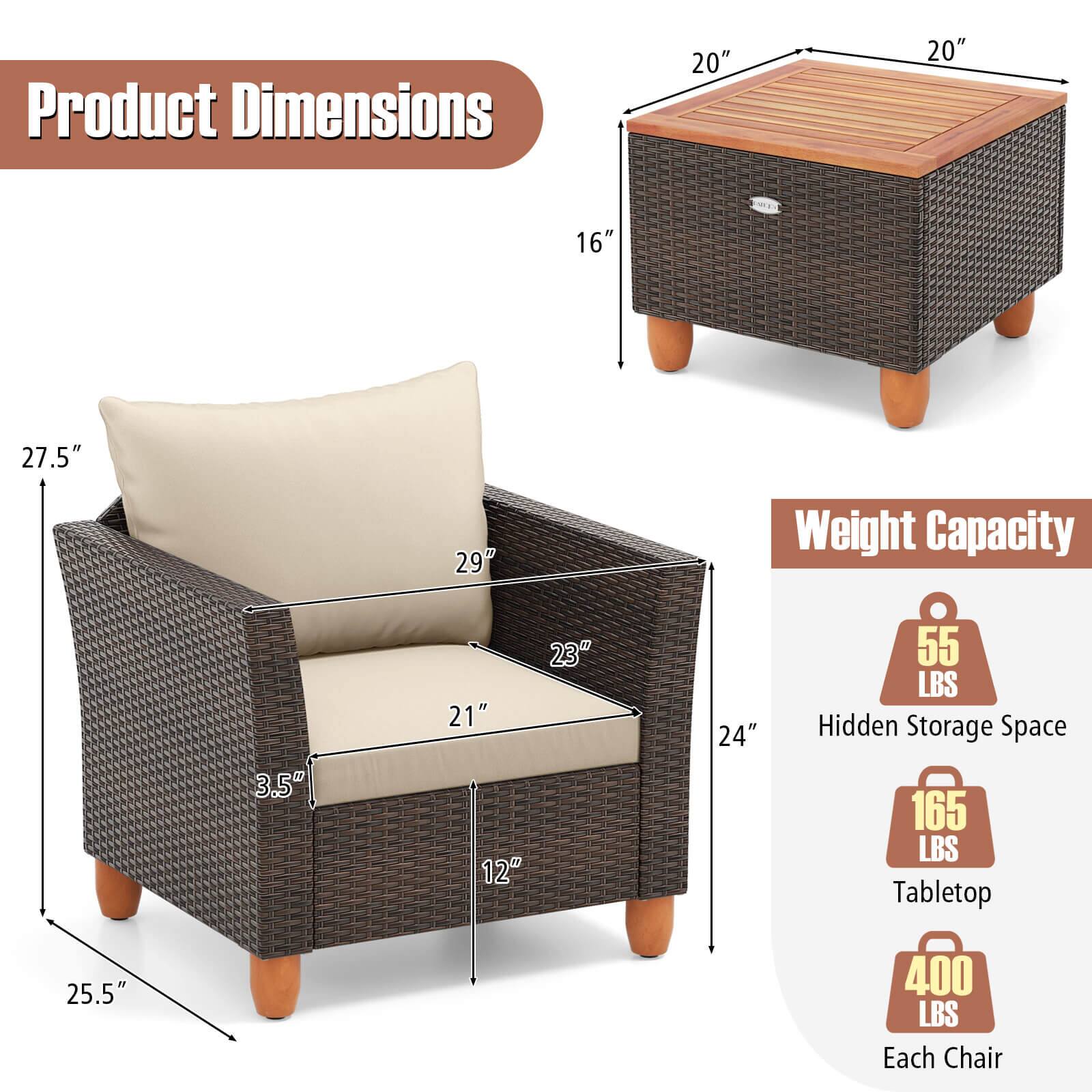 **Product Dimensions**

- Table: 20" x 20" x 16"
- Chair: 27.5" x 29" x 21" x 12"
- Tabletop: 25.5" x 24"

**Weight Capacity**

- Hidden Storage Space: 55 LBS
- Tabletop: 165 LBS
- Each Chair: 400 LBS
