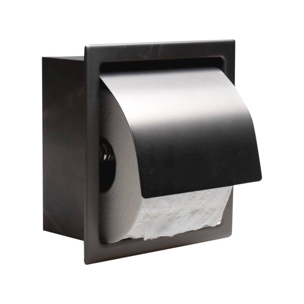 Front. Alfi - PVD Brushed Black Stainless Steel Recessed Toilet Paper Holder with Cover - Black.
