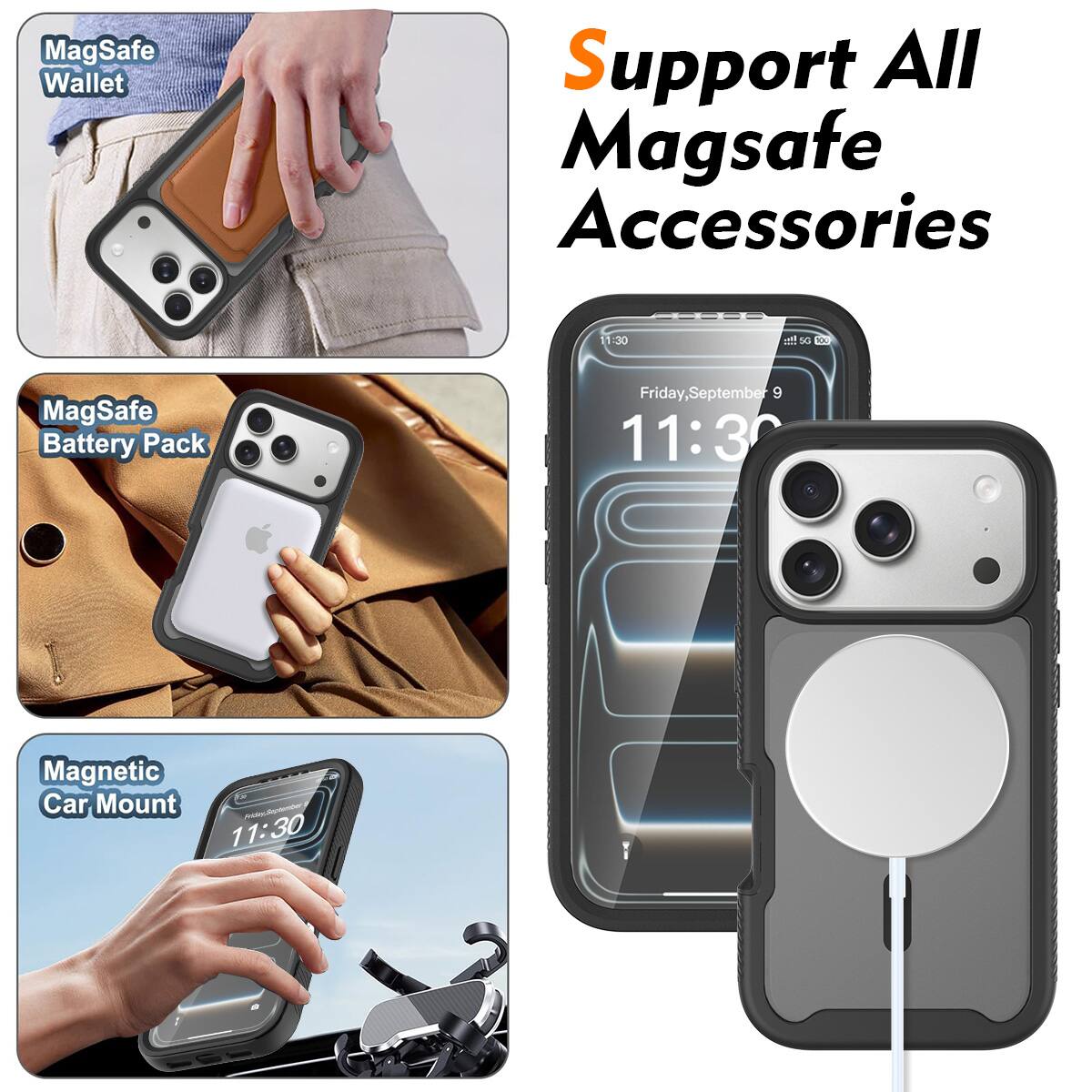 Support All MagSafe Accessories

- MagSafe Wallet
- MagSafe Battery Pack
- Magnetic Car Mount

Friday, September 9
11:30