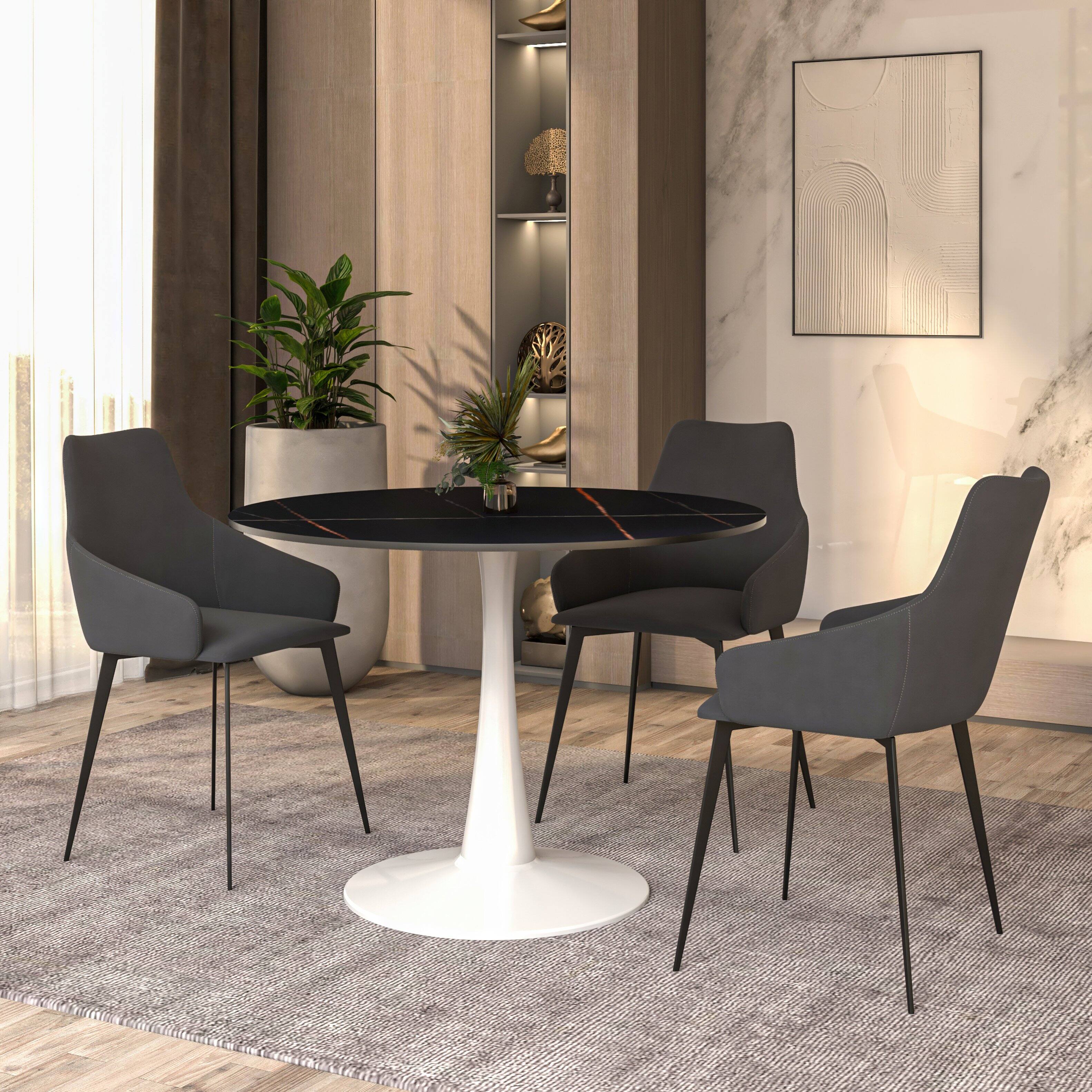 Angle. LeisureMod - Bristol Round Dining Table, Modern MDF/Sintered Stone Top & Scratch-Resistant Steel Base Kitchen Table - Stone - Black.