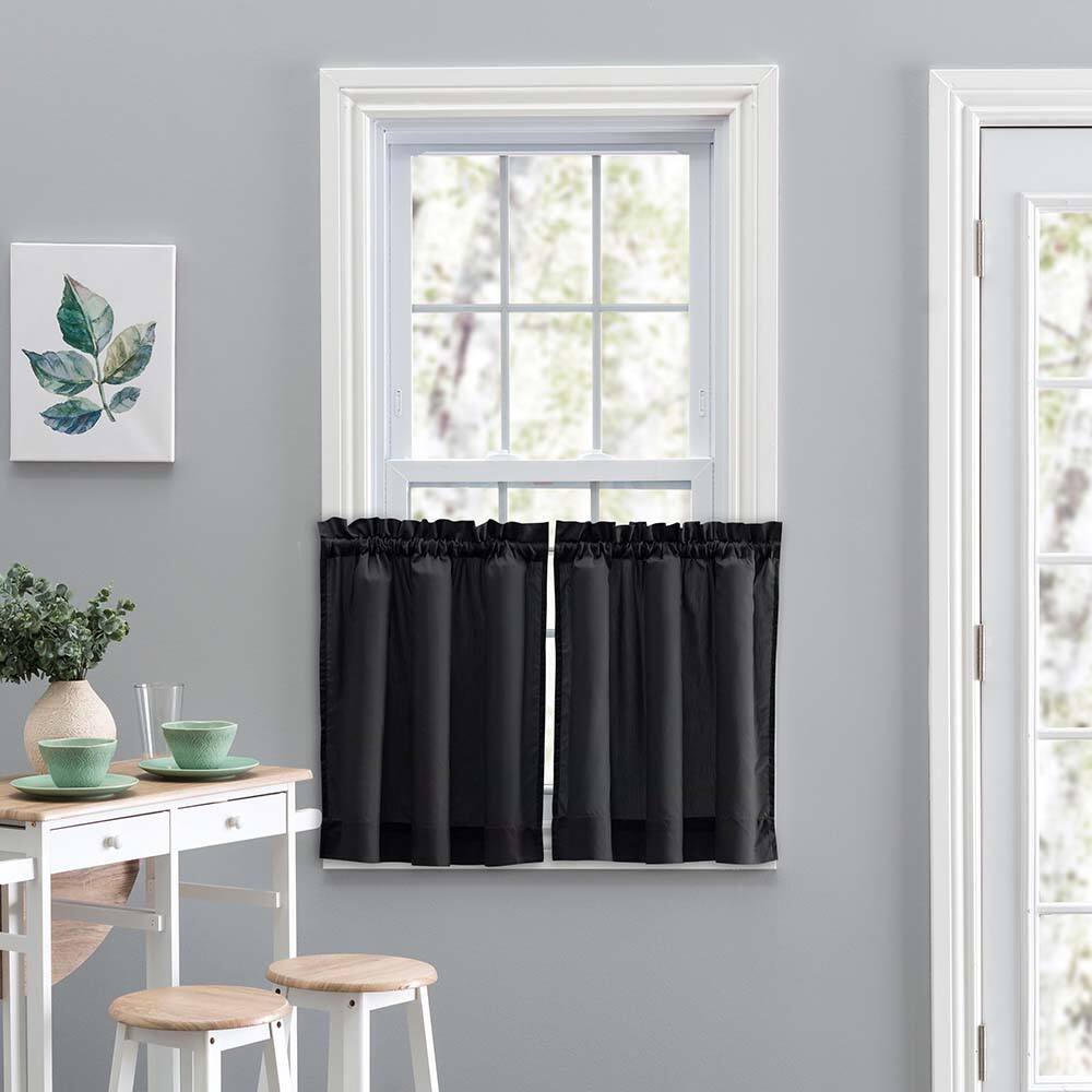 Angle. Ellis Curtain - Ellis Stacey Solid Color Window 1.5" Rod Pocket High Quality Fabric Tailored Tier Pair 56"x24" Black - Black.