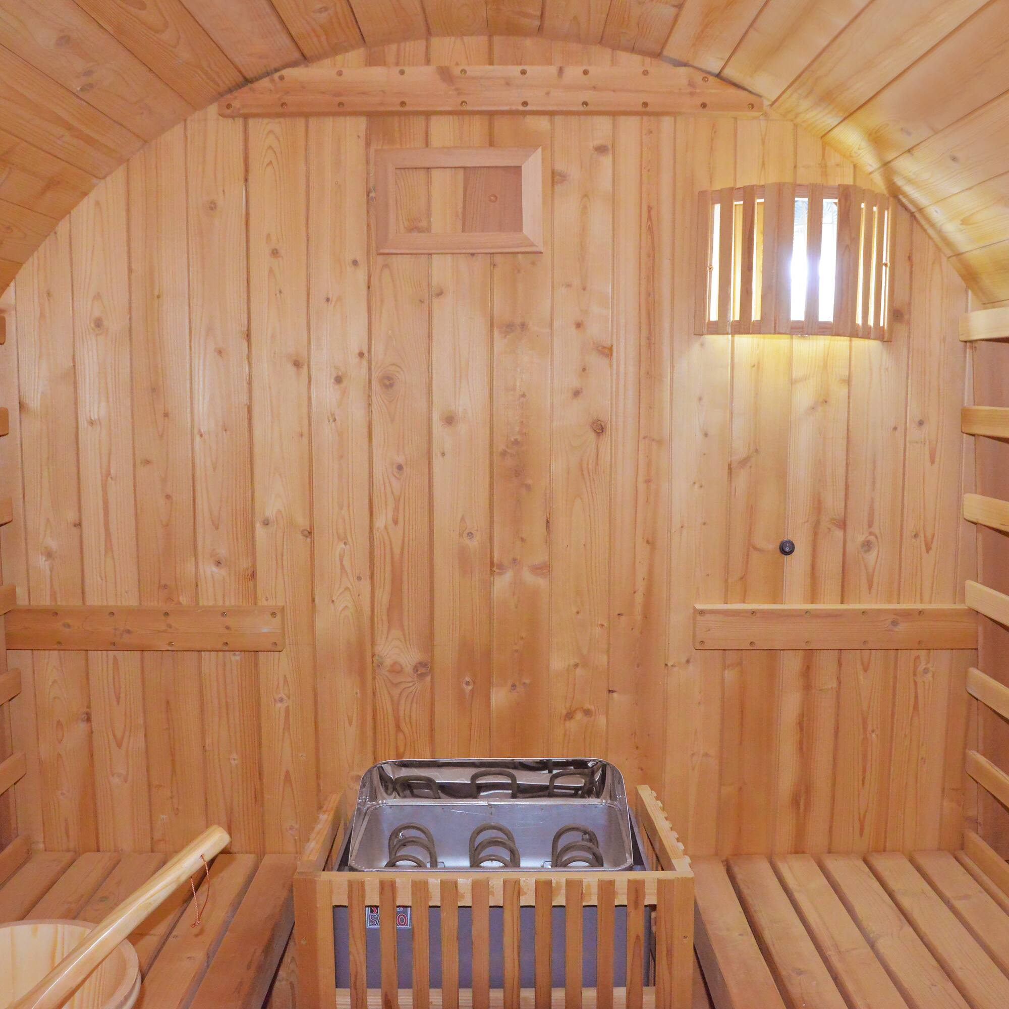 Back. Mondawe - 4.5KW Carbonized Spruce High-Heat Sauna - Ameican White Oak.