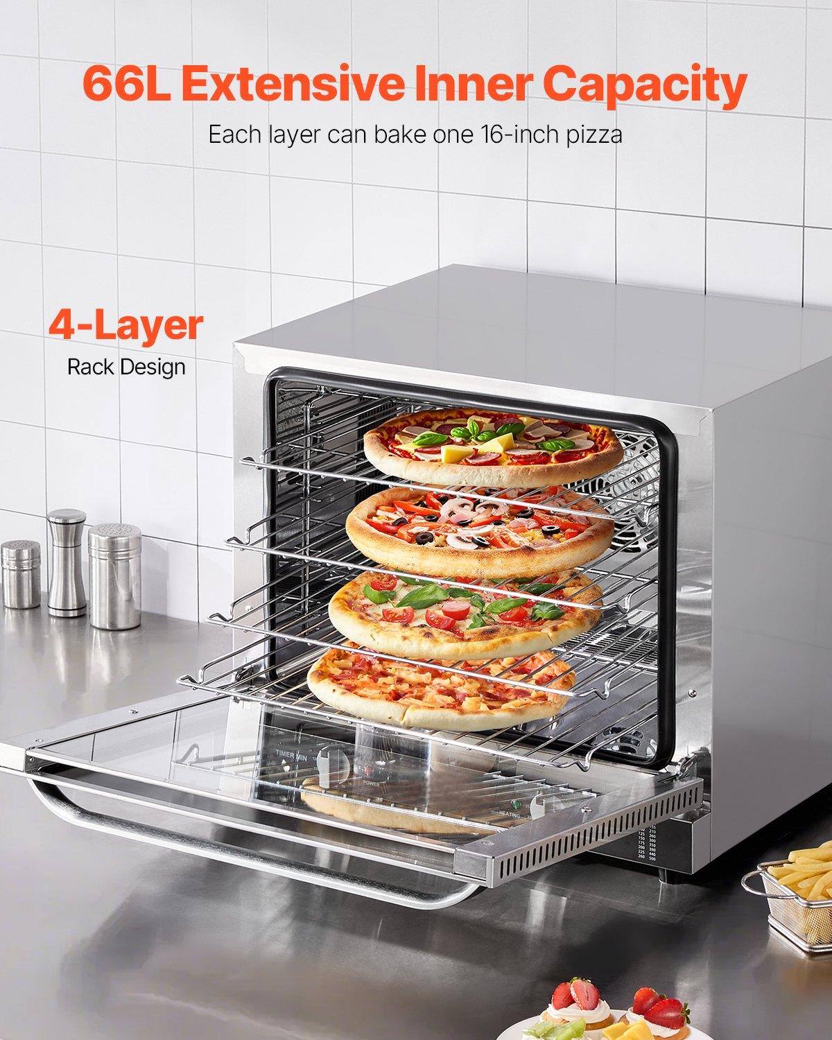 66L Extensive Inner Capacity  
Each layer can bake one 16-inch pizza  

4-Layer Rack Design