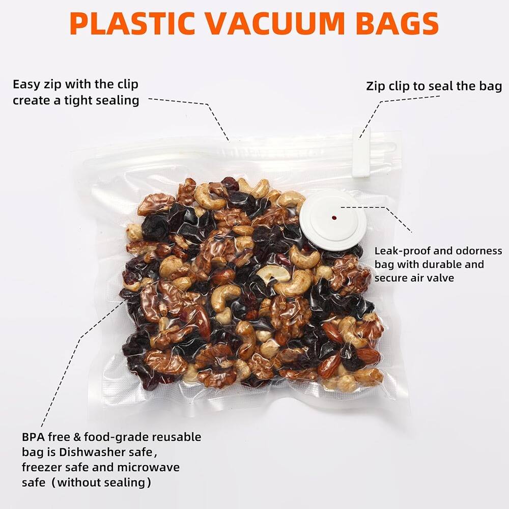 PLASTIC VACUUM BAGS

- Easy zip with the clip create a tight sealing
- Zip clip to seal the bag
- Leak-proof and odorless bag with durable and secure air valve
- BPA free & food-grade reusable bag is Dishwasher safe, freezer safe and microwave safe (without sealing)
