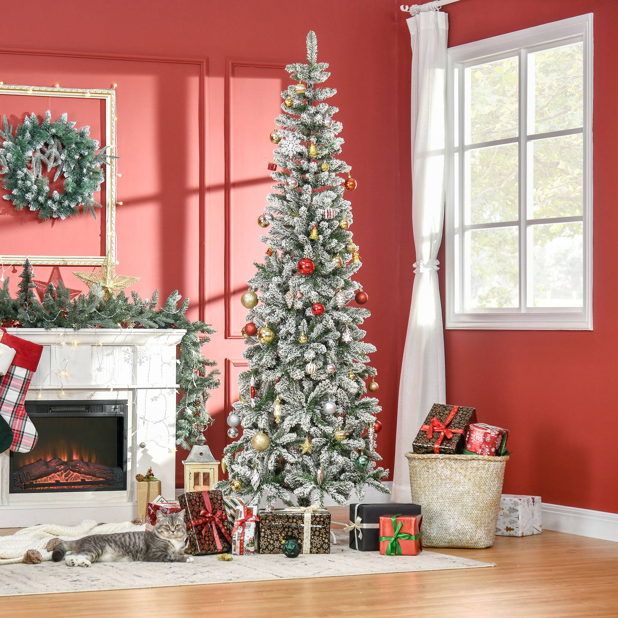 Alt View 1. Homcom - Unlit Snow-Flocked Slim Pine Artificial Christmas Tree with Realistic Branches and 668 Tips - Green.