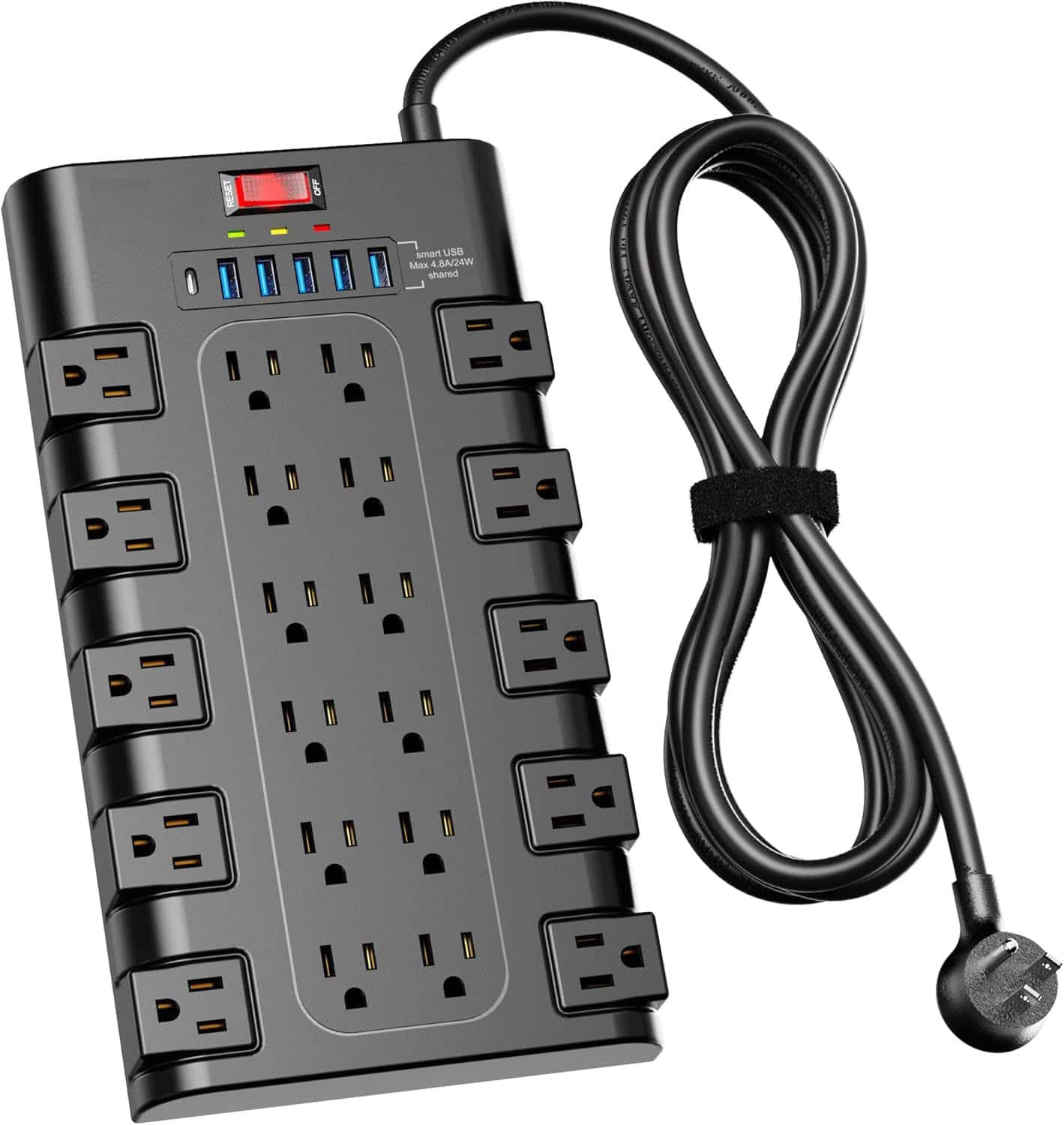 FINEAK - Surge Protector Power Strip with 22 AC Outlets and 6 USB Charging Ports - Black