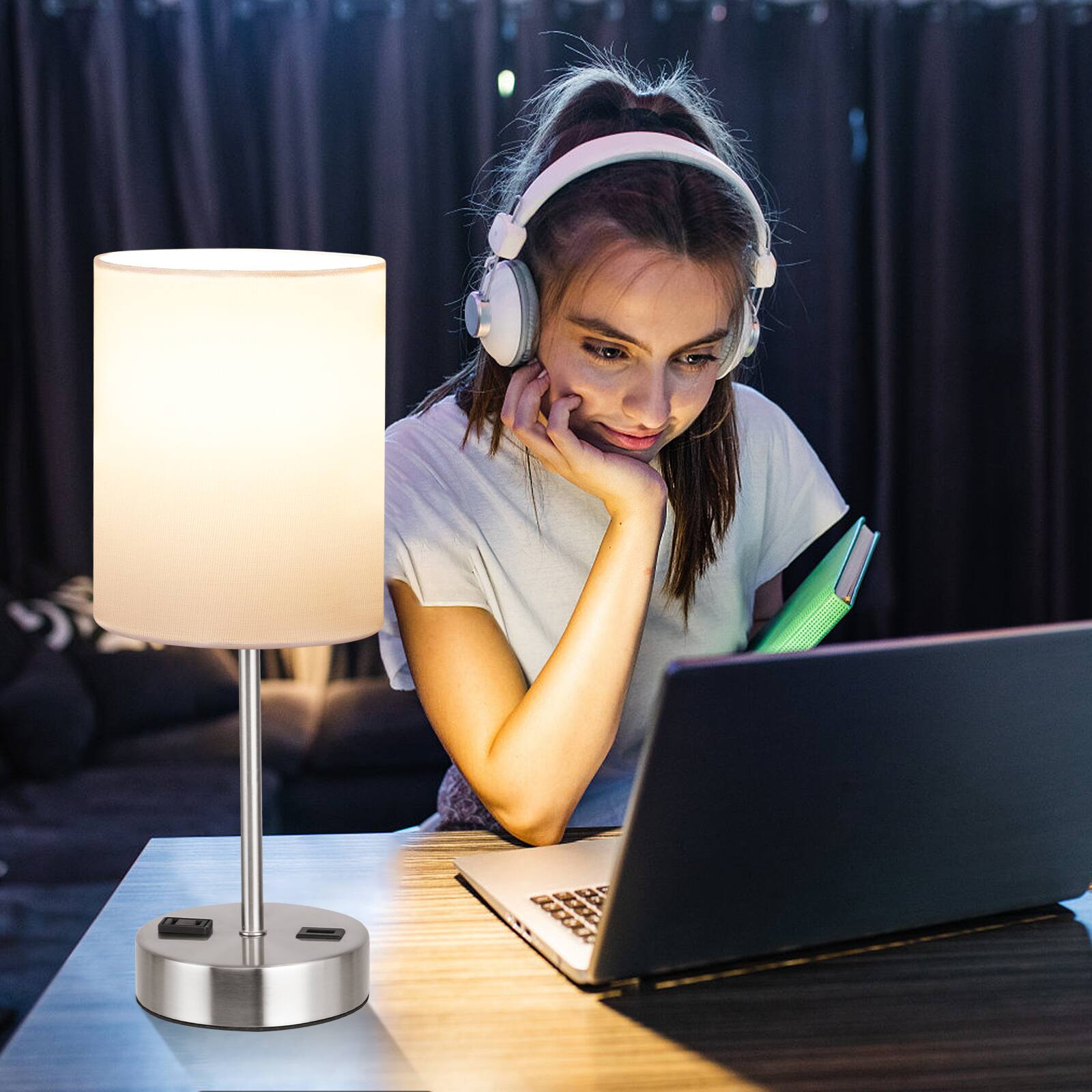 Alt View 4. partphoner - Set of 2 Touch Control Table Lamps with 2 USB Charging Ports - White.