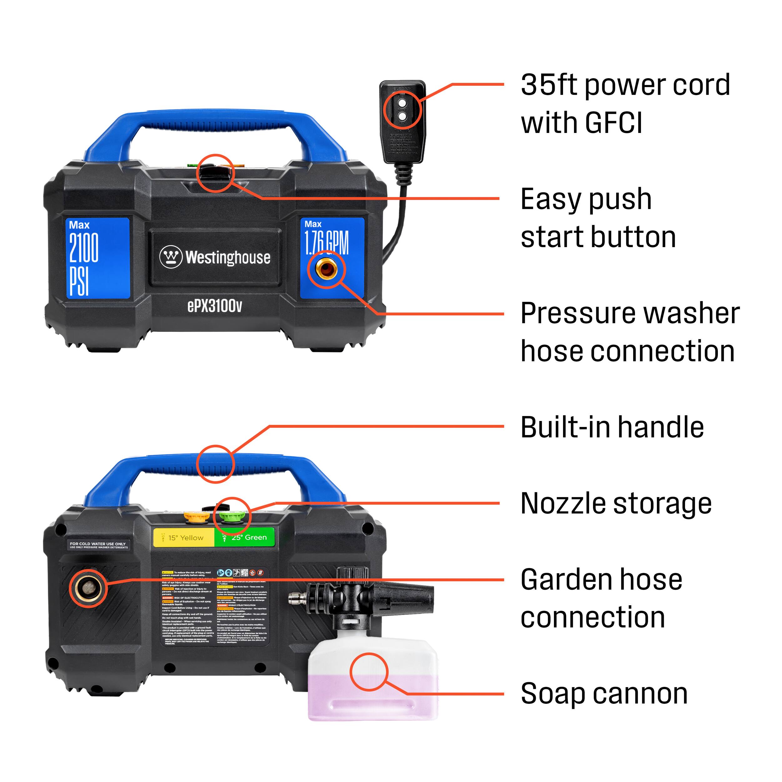 35ft power cord with GFCI  
Max 2000 PSI  
Max 176.6PM Westinghouse ePX3100v  
Easy push start button  
Pressure washer hose connection  
Built-in handle  
FOOD WATER - WILF -  
15' Yellow  
25' Green  
Nozzle storage  
Garden hose connection  
Soap cannon
