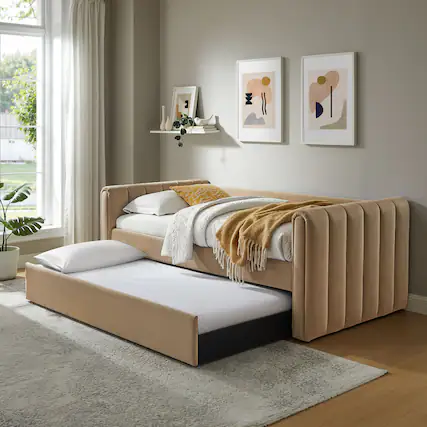 Front. Modway - Veyla Channel Tufted Performance Velvet Twin Daybed With Trundle by Modway - Taupe.