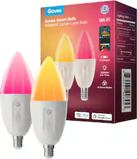 Govee Smart Bulb
RGBWW Candle Light Bulb
Wi-Fi
2 PACK
Lighting Facts
Brightness: 450 lumens
Estimated Yearly Energy Cost: $1.56 (Based on 3 hrs/day, 144 kWh/year)
Life: 22.8 years (Based on 3 hrs/day)
Light Appearance: Warm 2700K to Cool 6500K
Energy Used: 5.8 watts
Life Time: 25000H
64 Scene Modes
Dimmable
Works with Alexa
Works with Google Home
25000H Life Time
64 Scene Modes
8 50061 99845 3