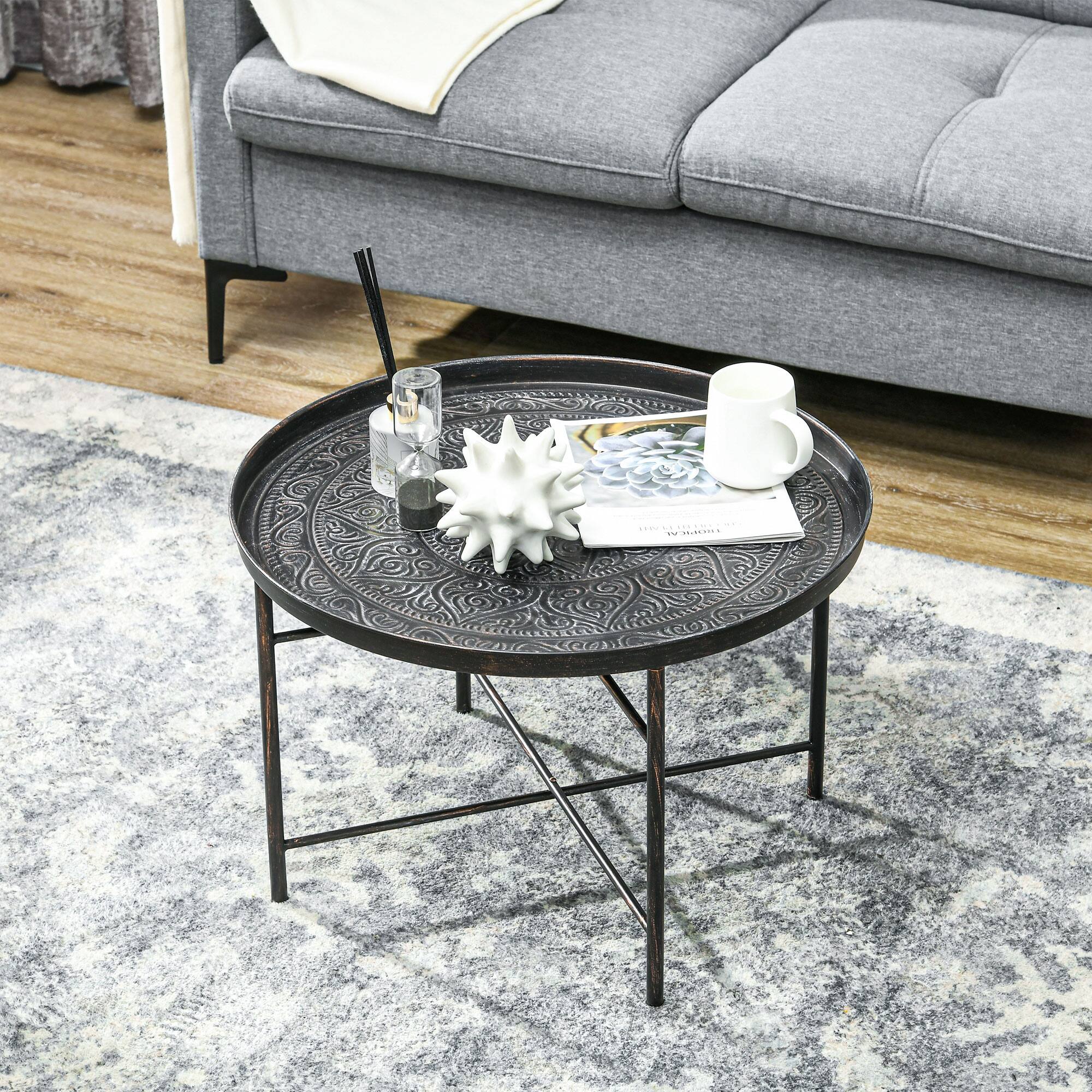 Alt View 5. Homcom - 24" Round Coffee Table with Hammered Tray Top, Vintage Metal Center Table for Living Room, Bedroom, Side Table, Pewter - Pewter.