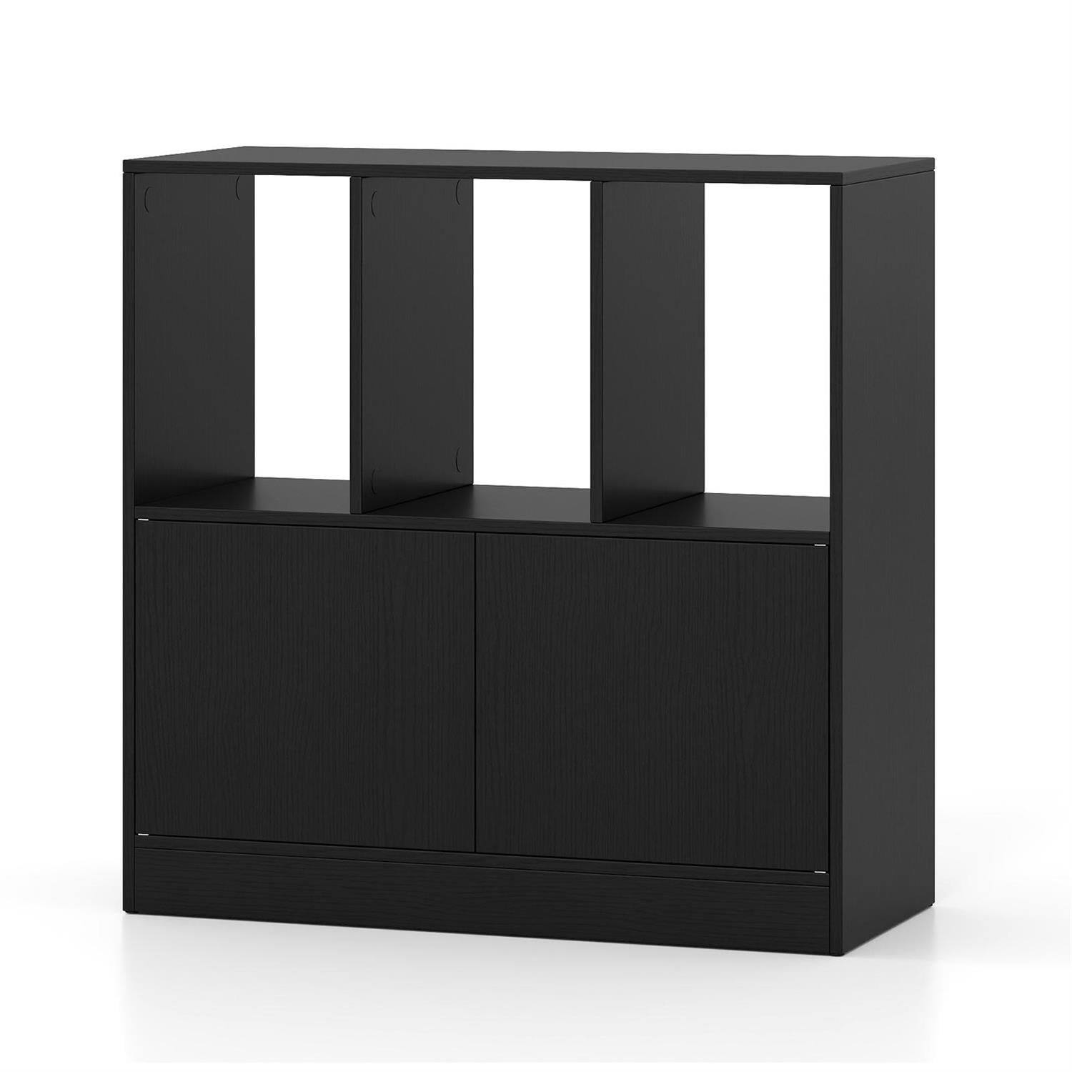 Angle. Pefilos - 3-Cube Bookcase with Doors, 3-Tier Cubic Bookshelf with Open Compartments and Cabinet, Storage for Home Office, Black - Black.