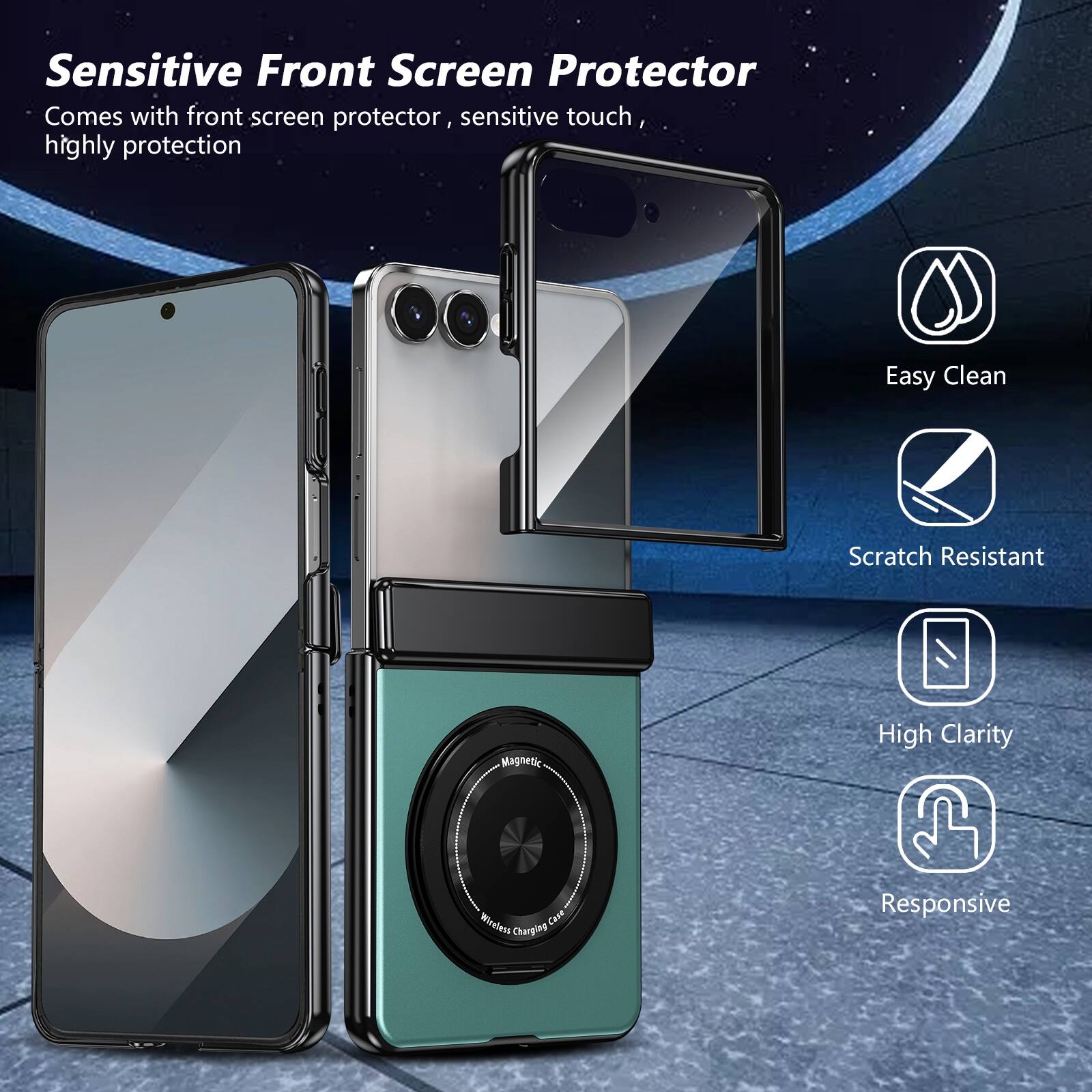 Sensitive Front Screen Protector  
Comes with front screen protector, sensitive touch, highly protection  

Easy Clean  
Scratch Resistant  
Magnetic  
High Clarity  
Wireless Case Charging  
Responsive
