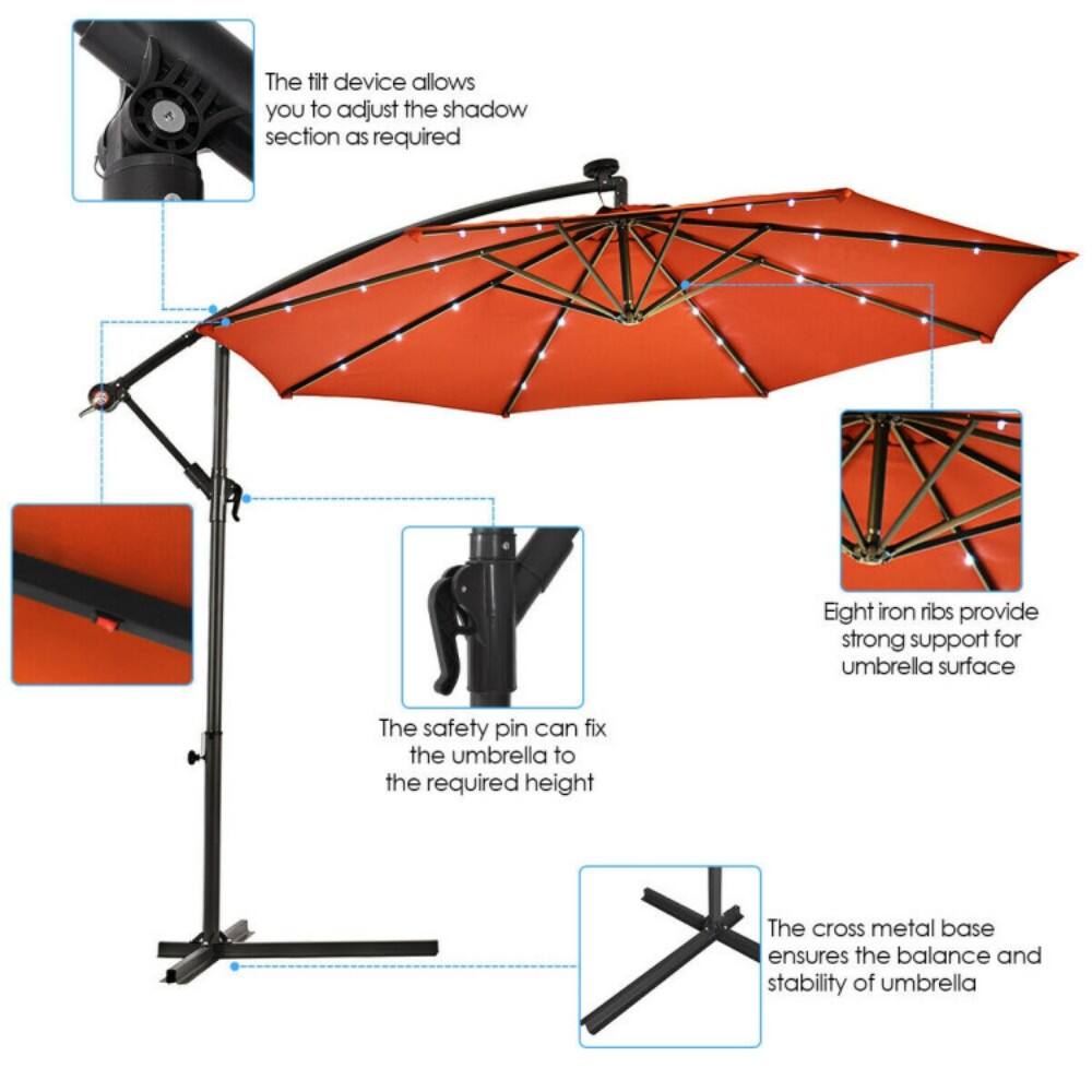 The tilt device allows you to adjust the shadow section as required. Eight iron ribs provide strong support for the umbrella surface. The safety pin can fix the umbrella to the required height. The cross metal base ensures the balance and stability of the umbrella.