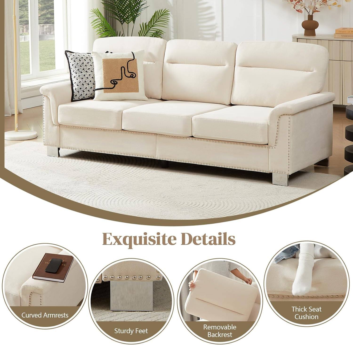 Exquisite Details

- Curved Armrests
- Sturdy Feet
- Removable Backrest
- Thick Seat Cushion