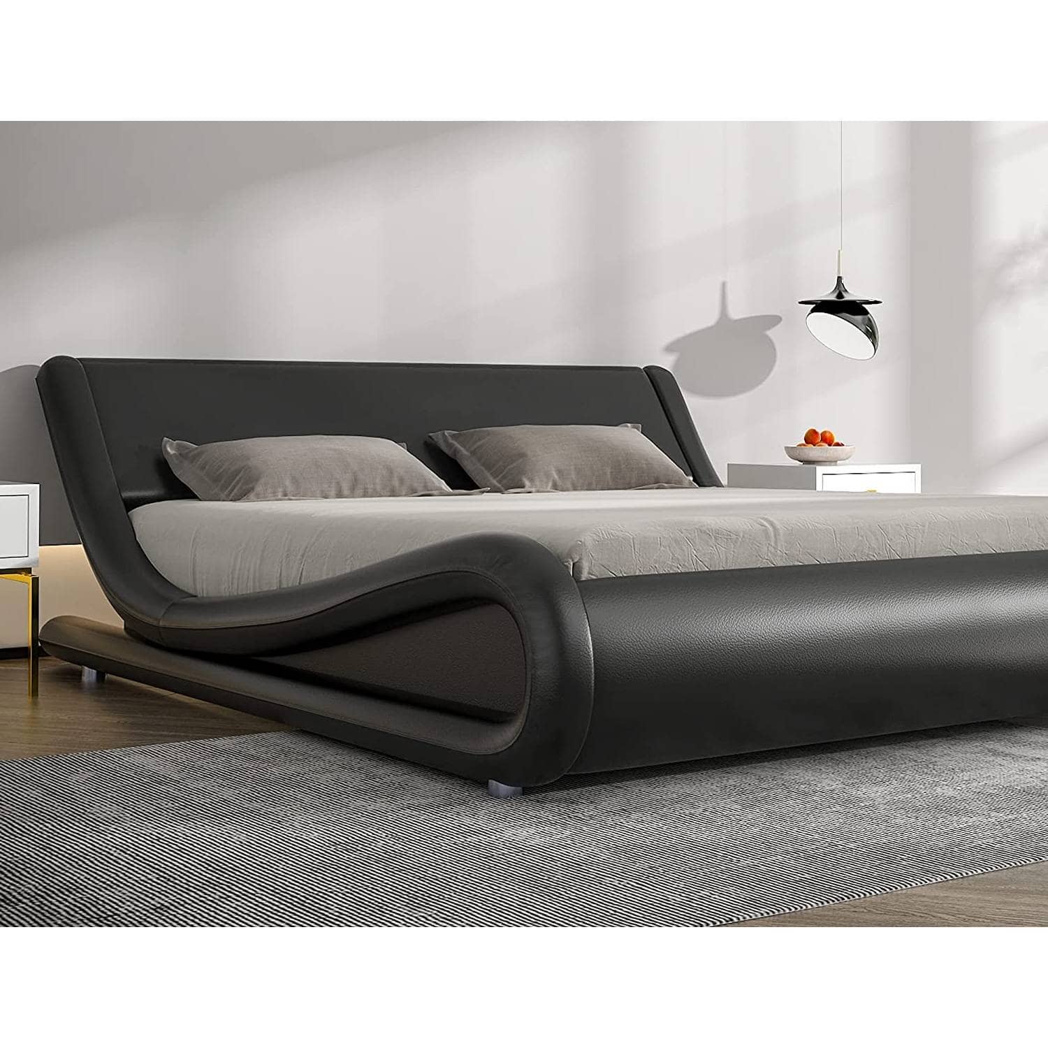 Hivvago - Queen Modern Faux Leather Upholstered Platform Bed Frame with Headboard - Black