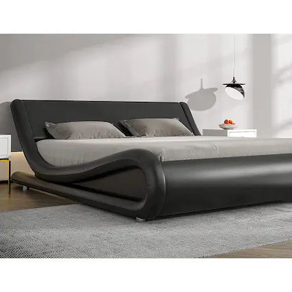 Front. Hivvago - Hivvago Queen Modern Faux Leather Upholstered Platform Bed Frame with Headboard - Black.