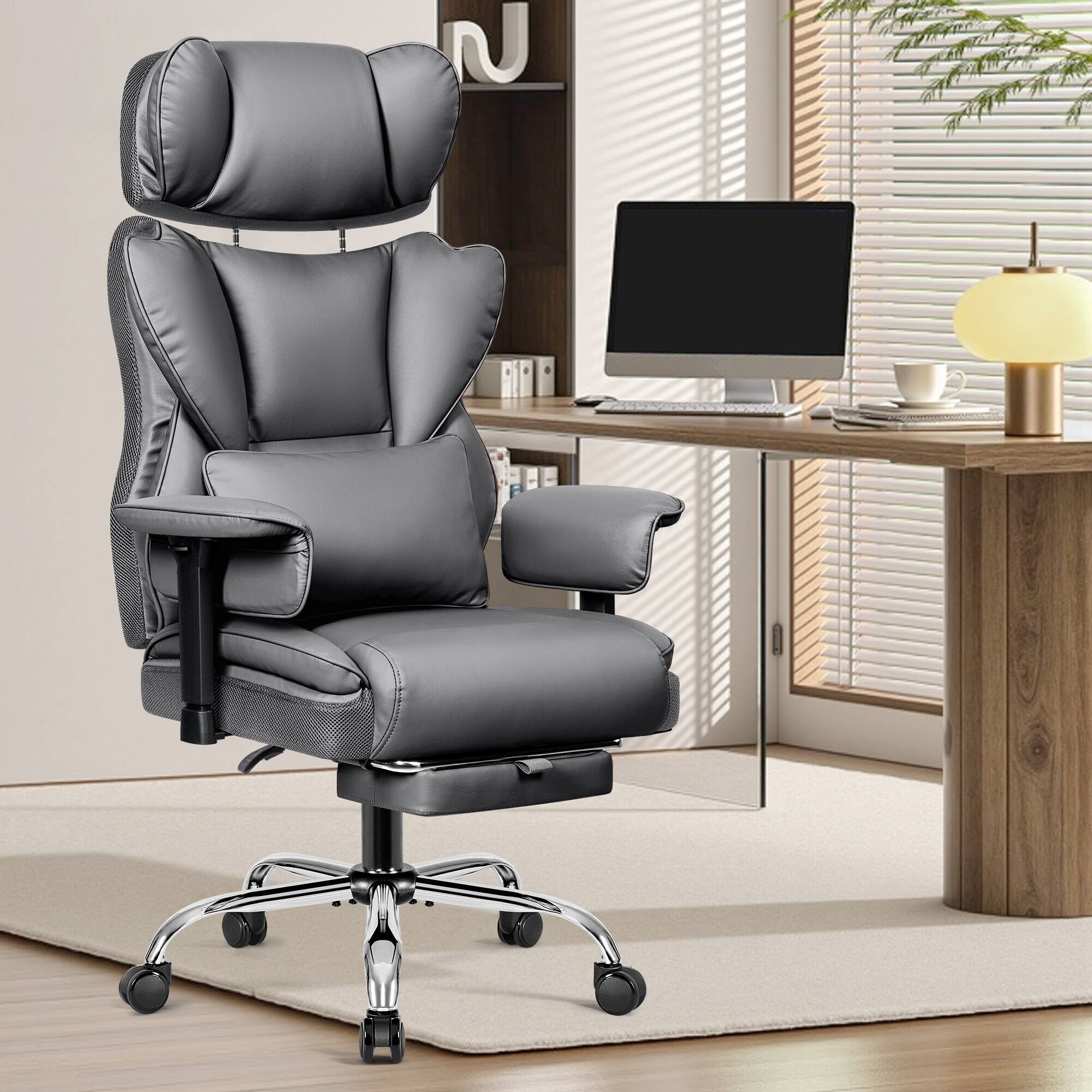 Front. Brick Attic - 500LBS Ergonomic Home Office Desk Executive Chair for Heavy Individuals, Adjustable Headrest Footrest Armrest - Grey.