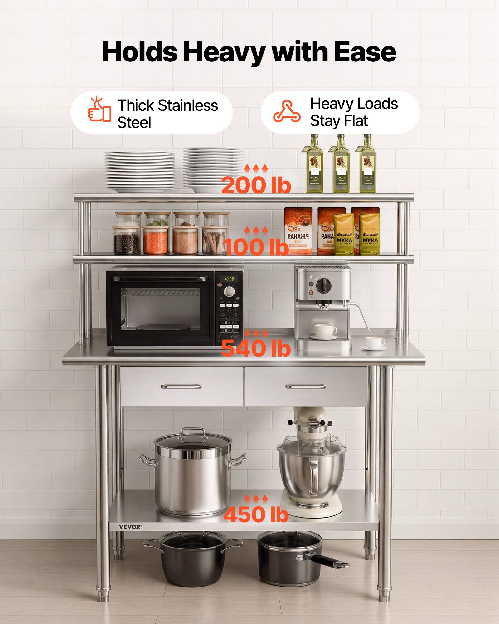 Holds Heavy with Ease

- Thick Stainless Steel
- Heavy Loads Stay Flat

200 lb  
100 lb  
540 lb  
450 lb