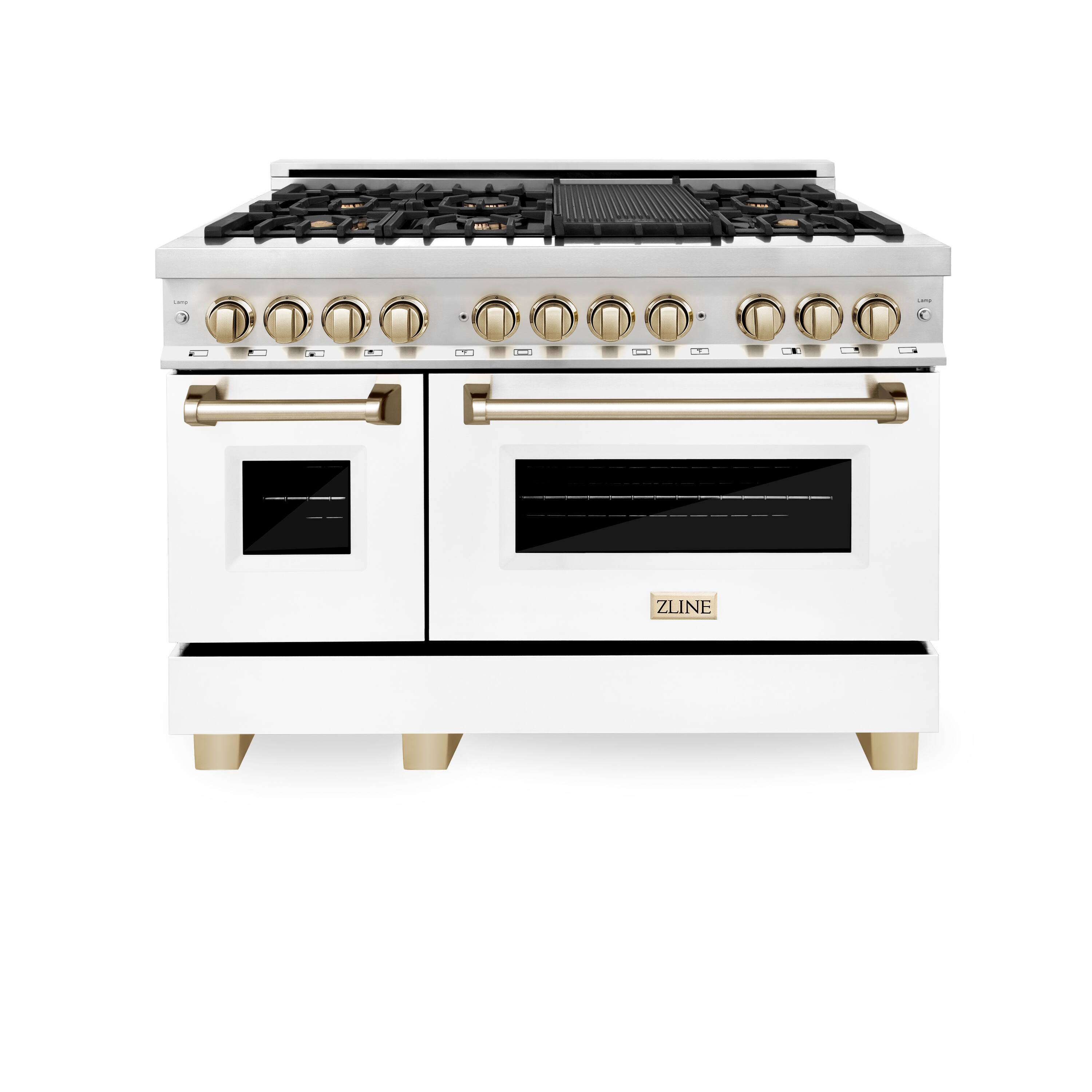 ZLINE - Autograph 48" Legacy Dual Fuel Range w/ 7 Burners & White & Gold Accents (RAZ-WM-48-G) - Stainless Steel