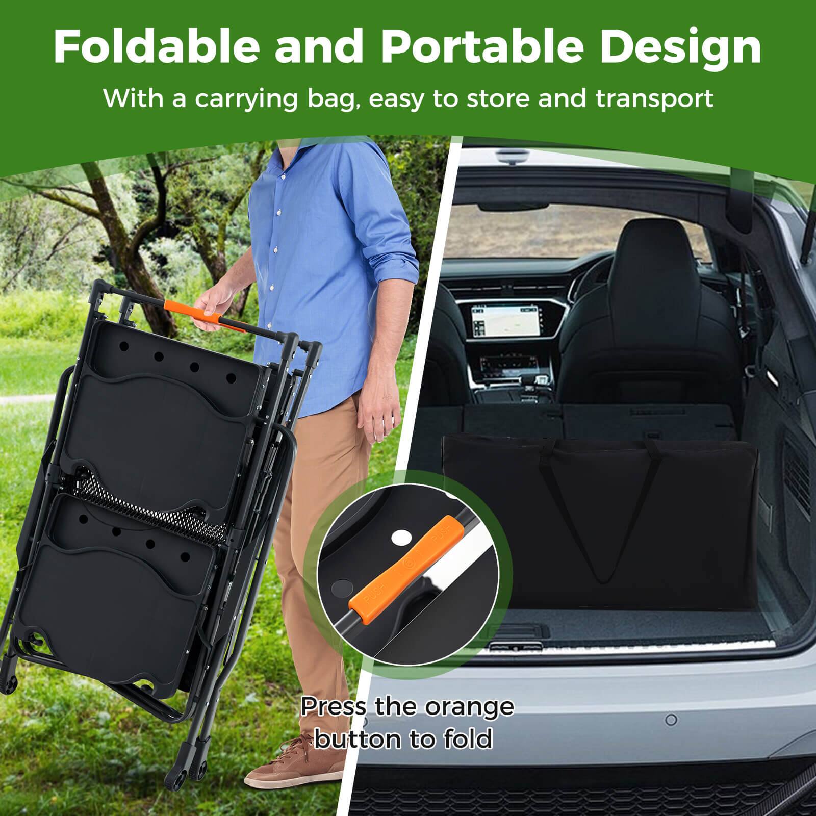 Foldable and Portable Design: With a carrying bag, easy to store and transport. Press the orange button to fold.