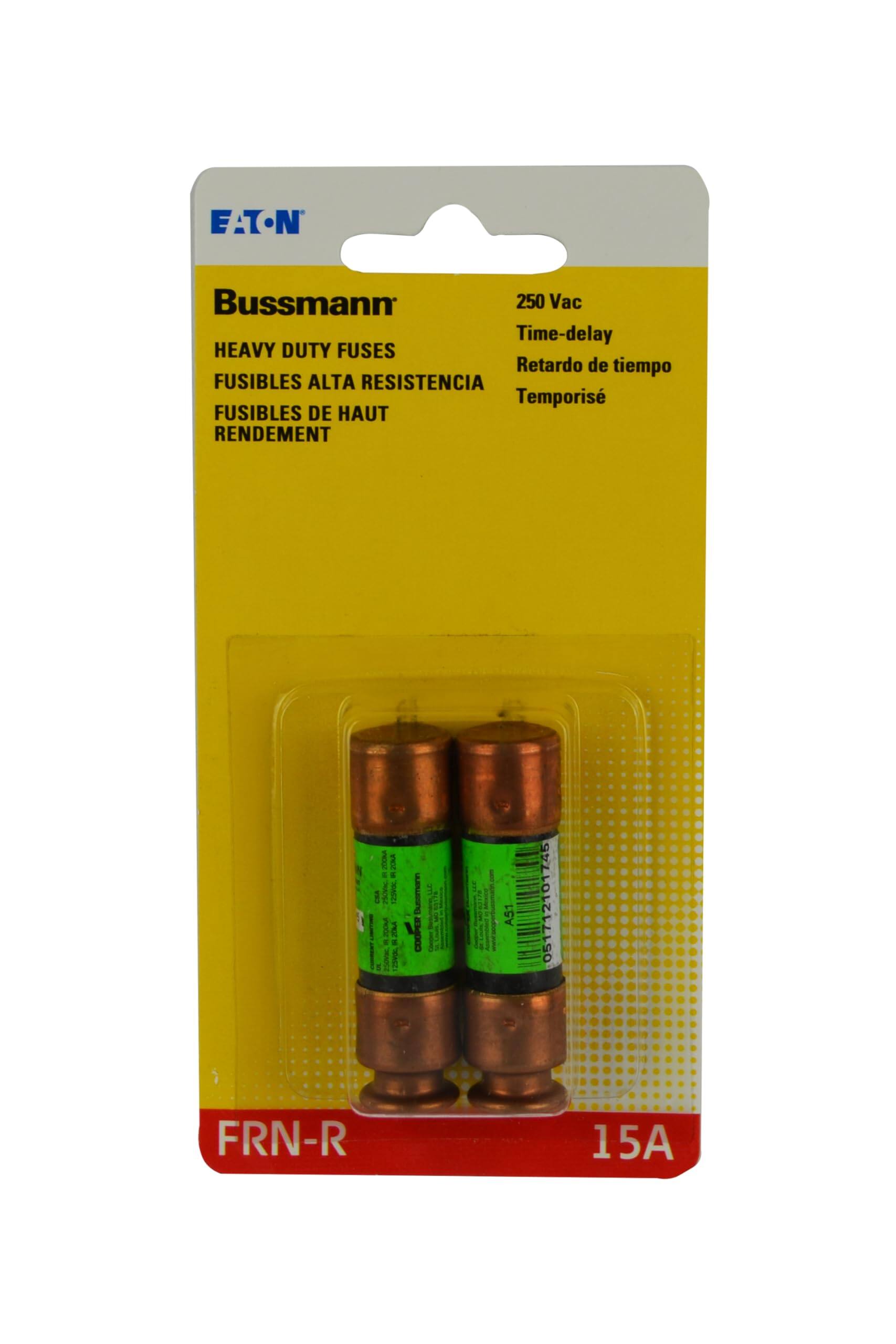 EATON  
Bussmann 250 Vac Time-delay HEAVY DUTY FUSES Retardo de tiempo FUSIBLES ALTA RESISTENCIA Temporis FUSIBLES DE HAUT RENDEMENT  
200KA 20KA C 5 USA 250Visc. 123VOC 200kg 20KA  z 5 250VWE 123VOC,  
Bussmann COOPER  

A51  
051712101745  
FRN-R  
15A