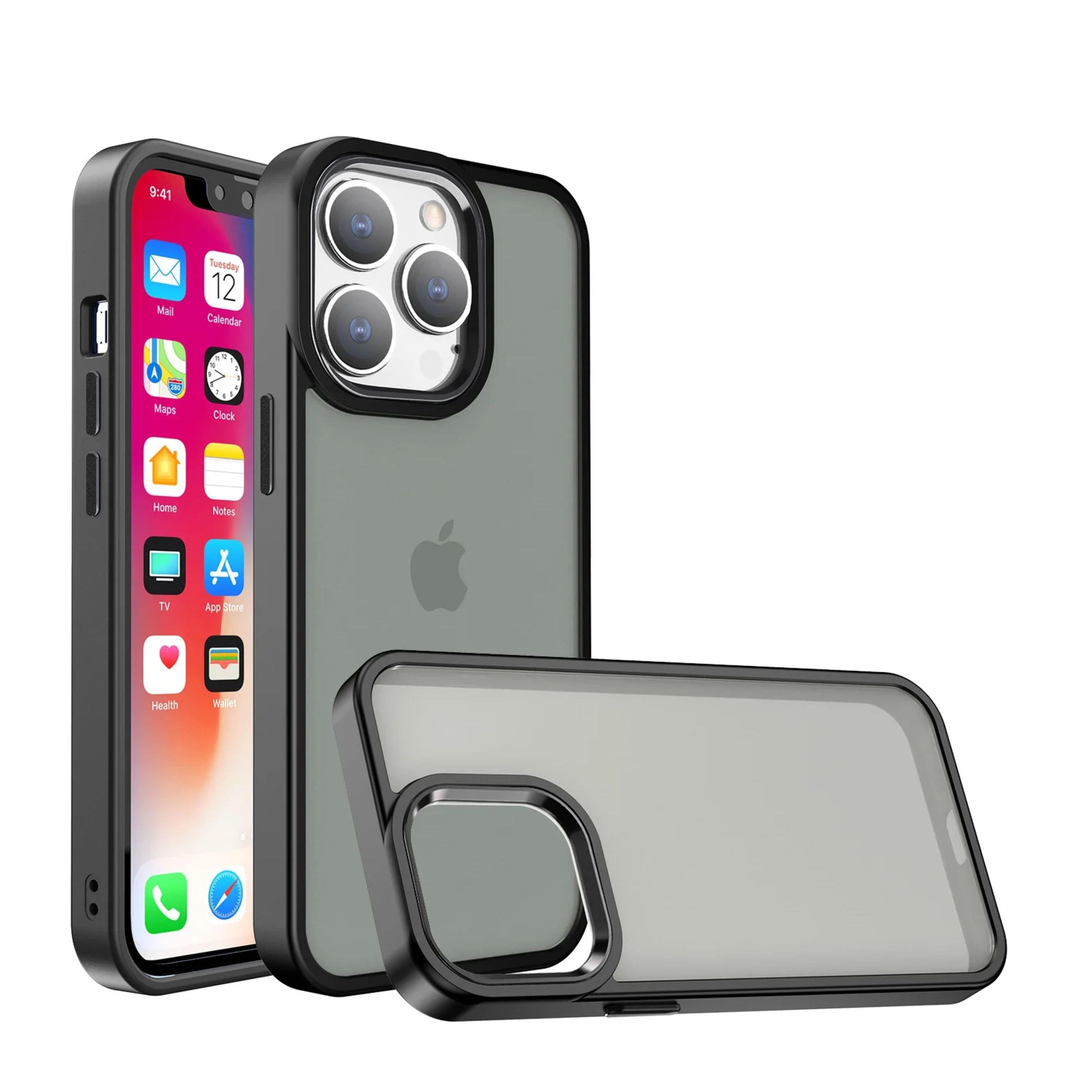 Kitcheniva - Acrylic Hybrid Metal Buttons Phone Case With 2 Pcs Screen Protectors For iPhone 15 Pro Max - Black