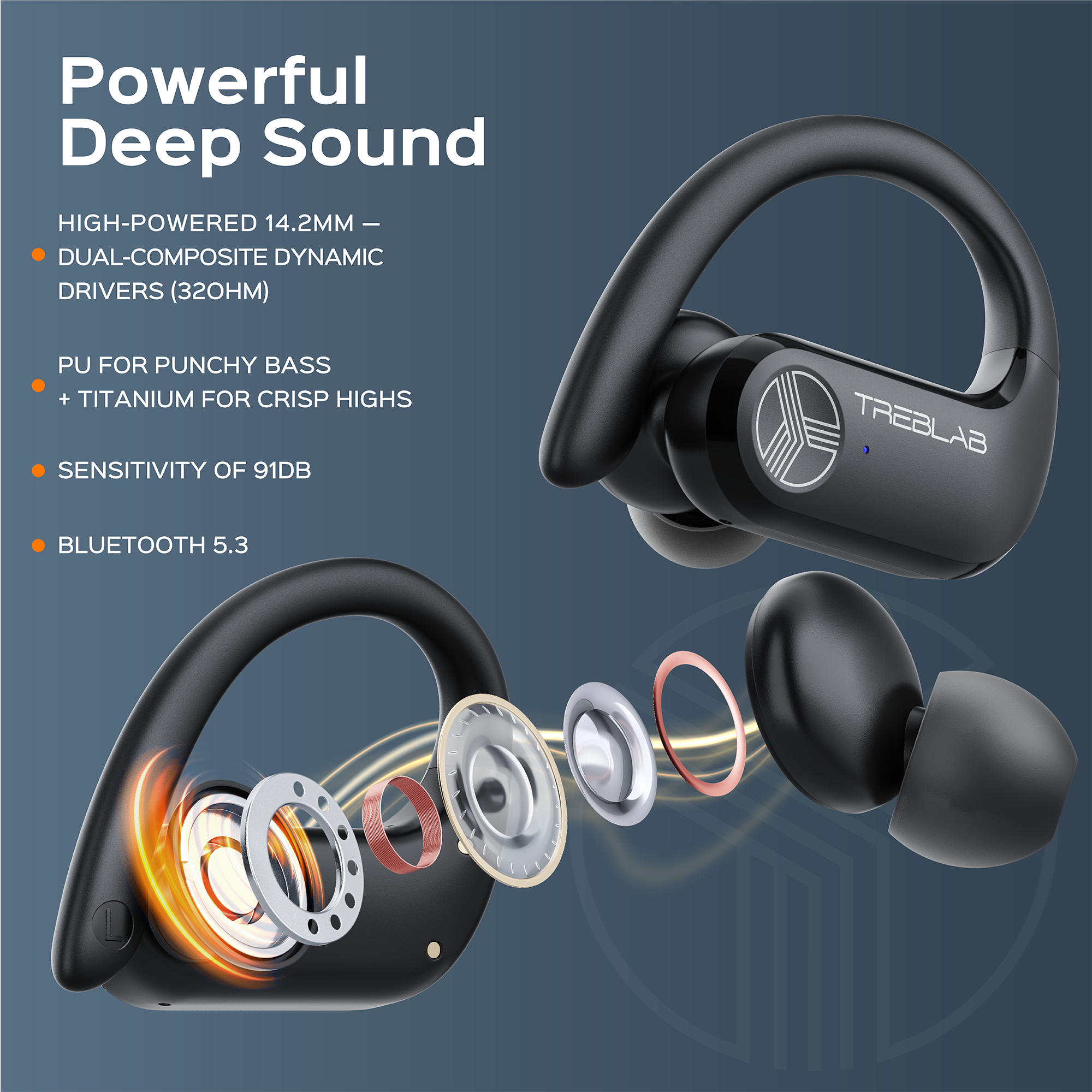 Powerful Deep Sound

HIGH-POWERED 14.2MM - DUAL-COMPOSITE DYNAMIC DRIVERS (32OHM)

PU FOR PUNCHY BASS + TITANIUM FOR CRISP HIGHS

SENSITIVITY OF 91DB

BLUETOOTH 5.3