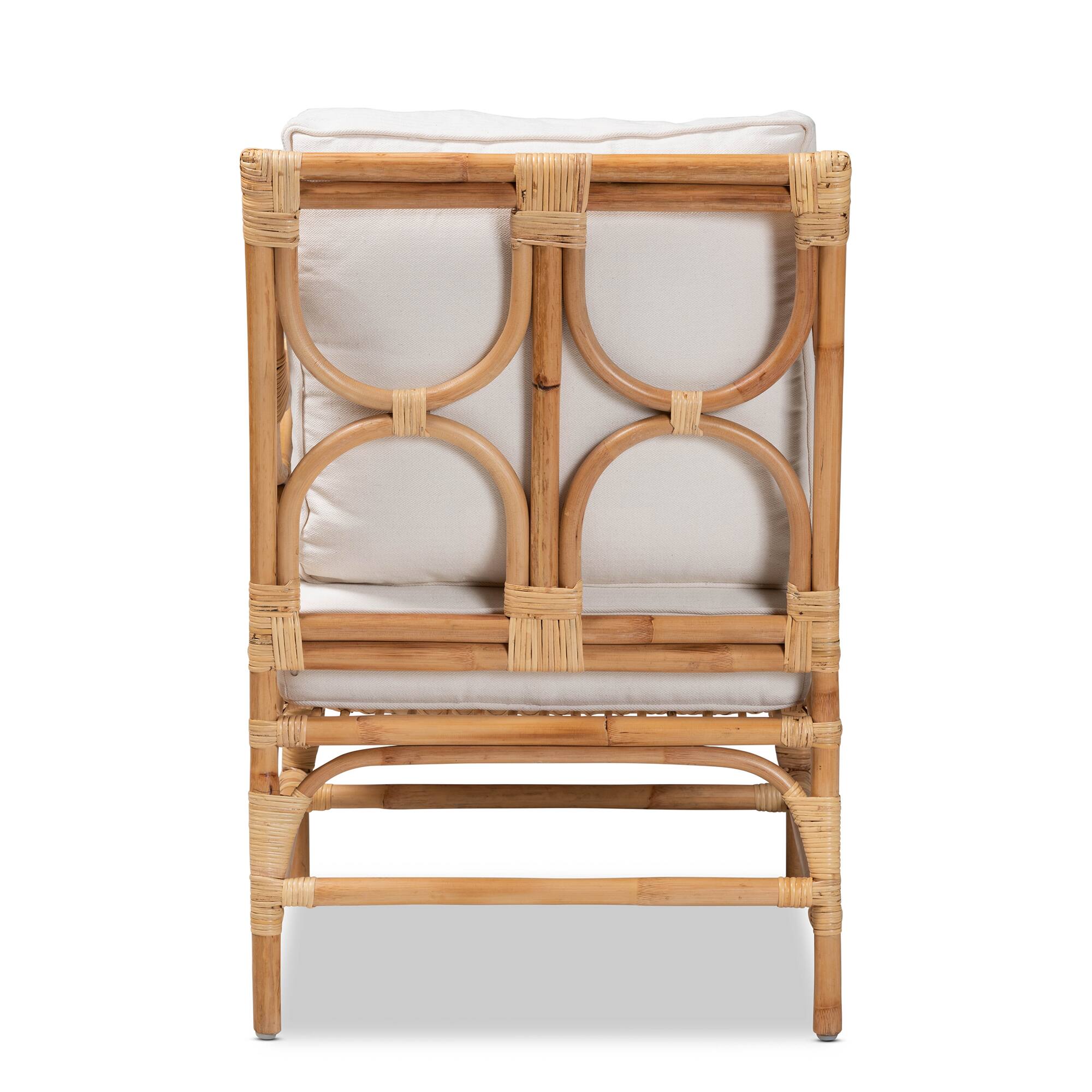 Back. bali & pari - Brandon Modern Bohemian Fabric Upholstered and Rattan Armchair - White/Natural Brown.