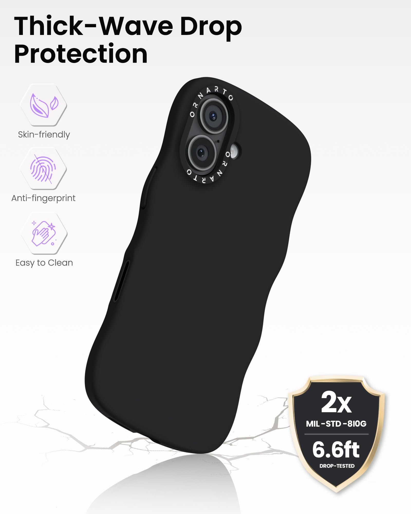 Thick-Wave Drop Protection

- Skin-friendly
- Anti-fingerprint
- Easy to Clean

2x MIL-STD-810G  
6.6ft DROP-TESTED