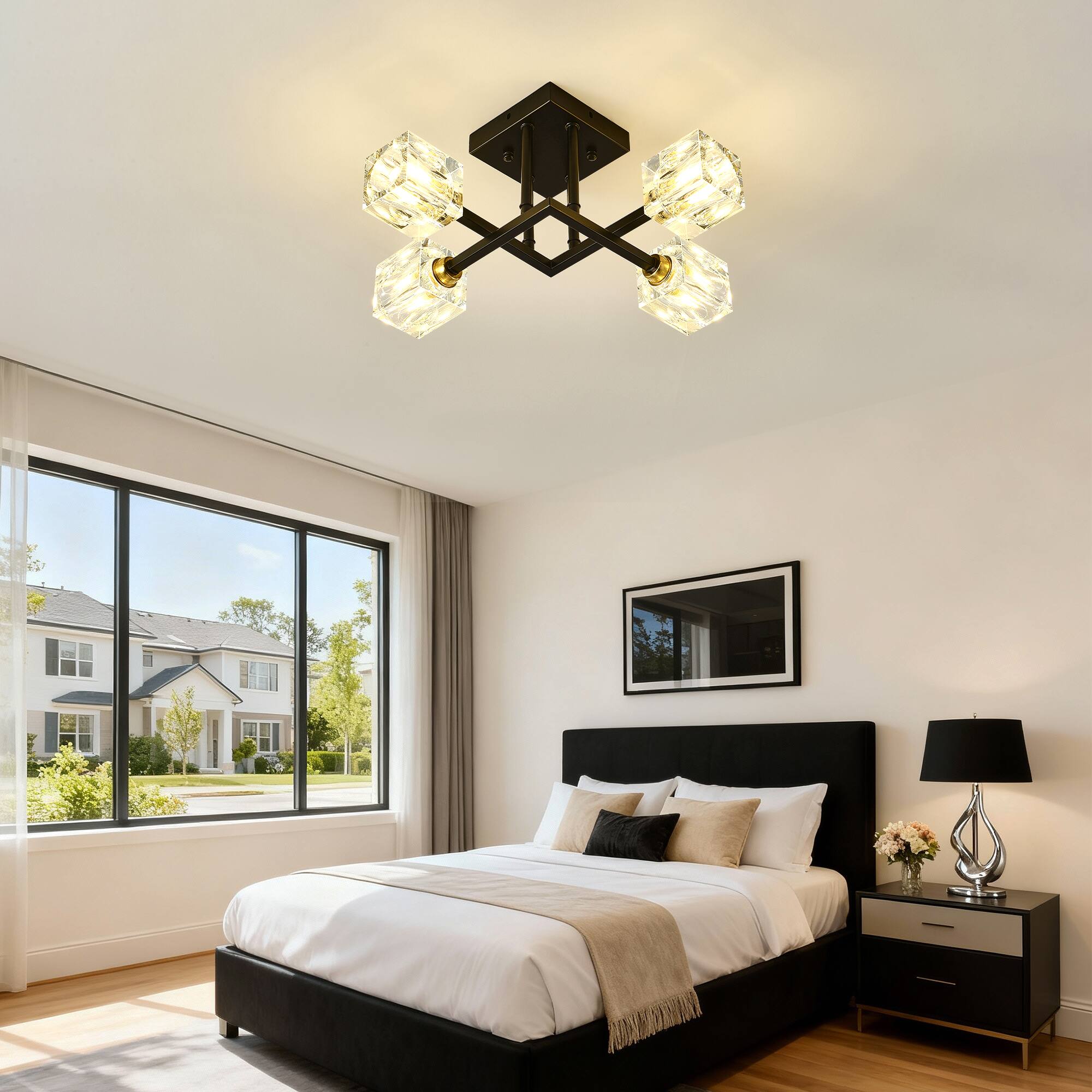 Alt View 1. Boyel Living - Matte Black Modern Crystal Ceiling Light 4 Lights Bulb Included for Dining Room Living Bedroom.
