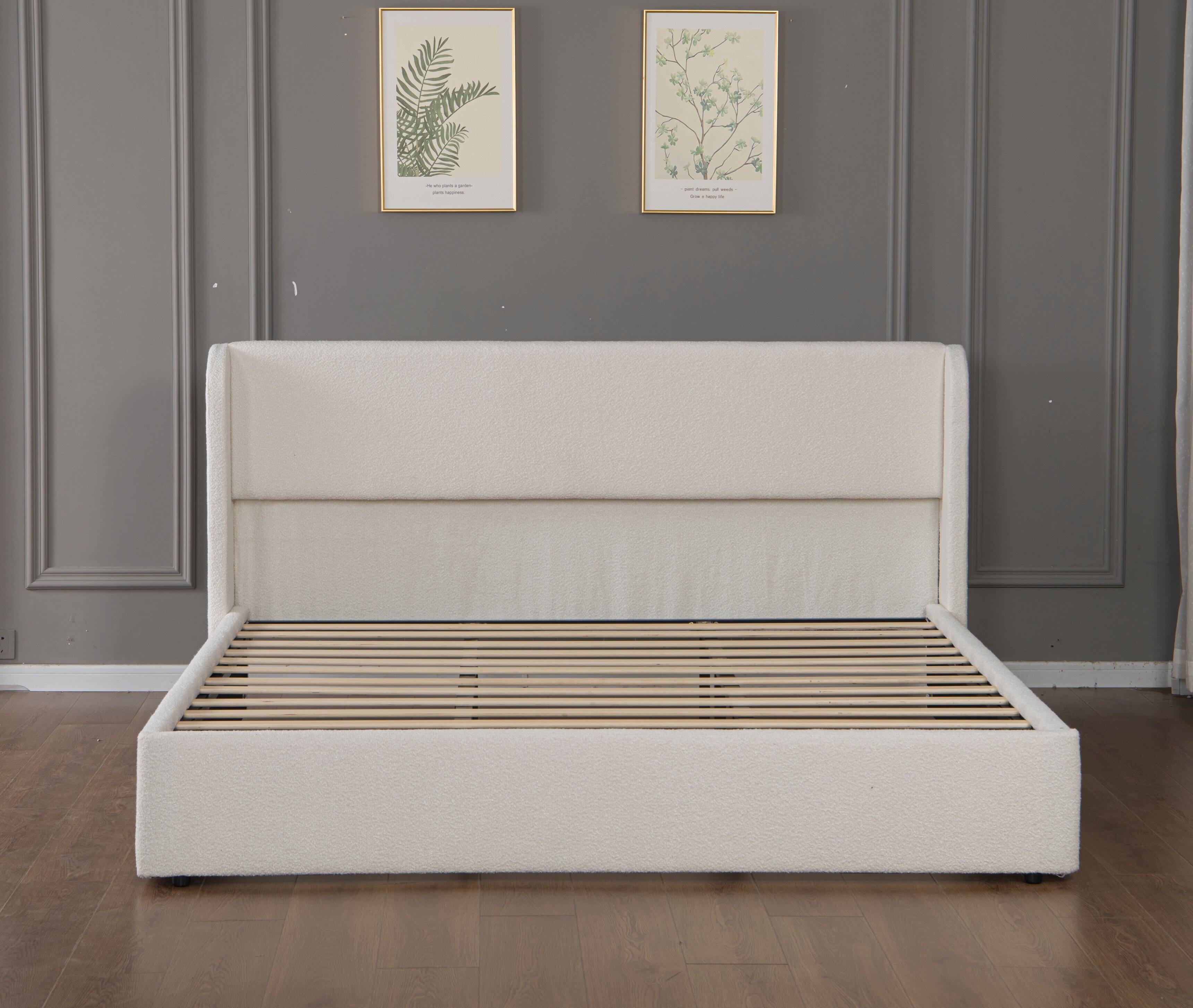 Alt View 2. LUCKY ONE - King Size Upholstered Bed Frame with Headboard - White.