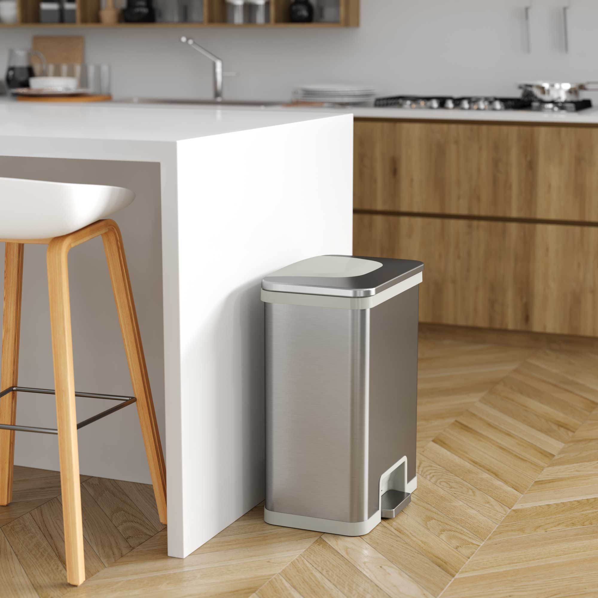 Left. iTouchless - 13 Gallon AutoStep Stainless Steel Sensor Kitchen Trash Can with AbsorbX Odor Filter - Silver.