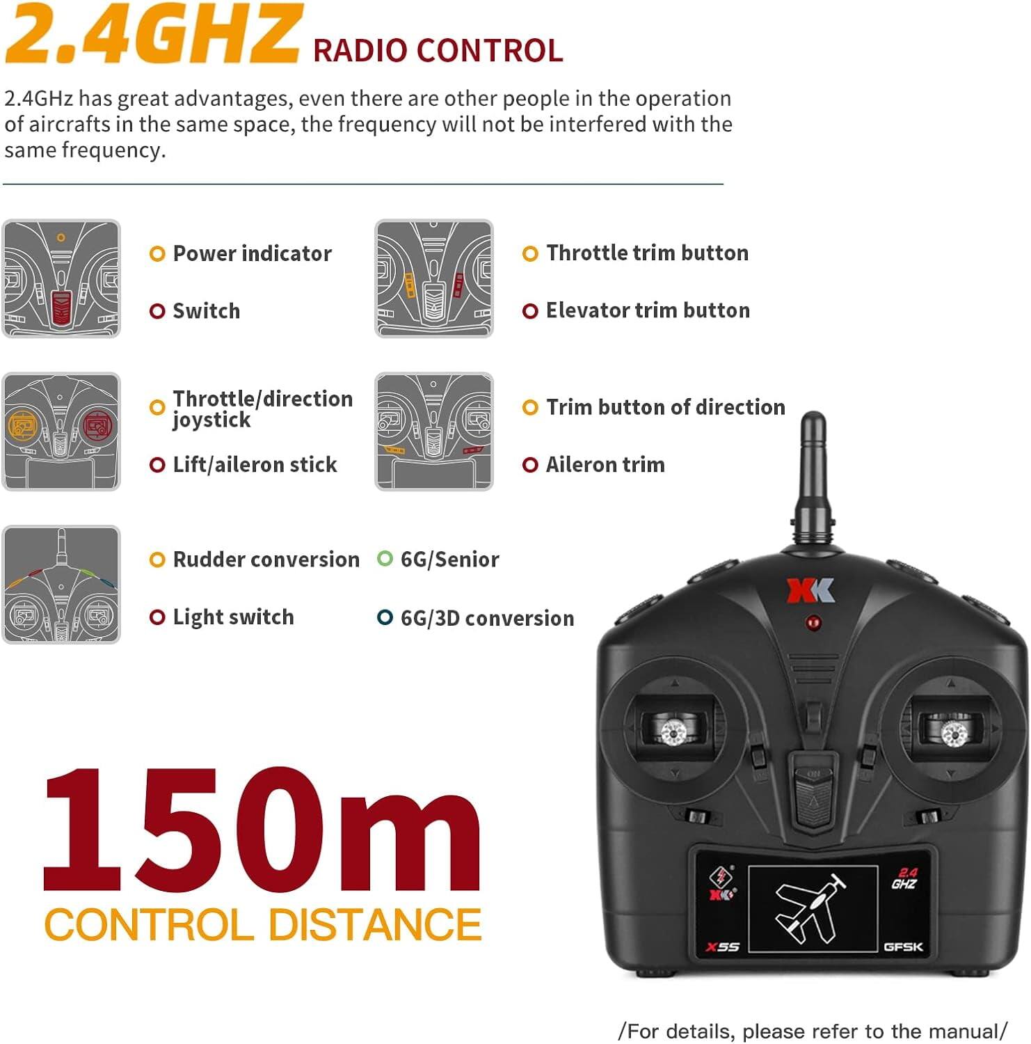 2.4GHz RADIO CONTROL

2.4GHz has great advantages, even there are other people in the operation of aircrafts in the same space, the frequency will not be interfered with the same frequency.

- Power indicator
- Switch
- Throttle trim button
- Elevator trim button
- Throttle/direction joystick
- Trim button of direction
- Lift/aileron stick
- Aileron trim
- Rudder conversion
- Light switch
- 6G/Senior
- 6G/3D conversion

150m CONTROL DISTANCE

24 GHZ GFSK

/For details, please refer to the manual/