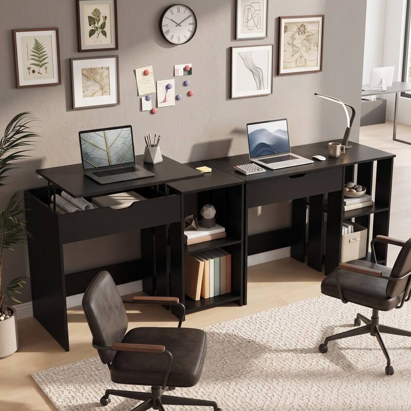 Alt View 2. WELLFOR - 39.5 " Lift Top Computer Desk with Hidden Compartment and Open Storage Shelves, Home Office Desk for Small Spaces - Black.