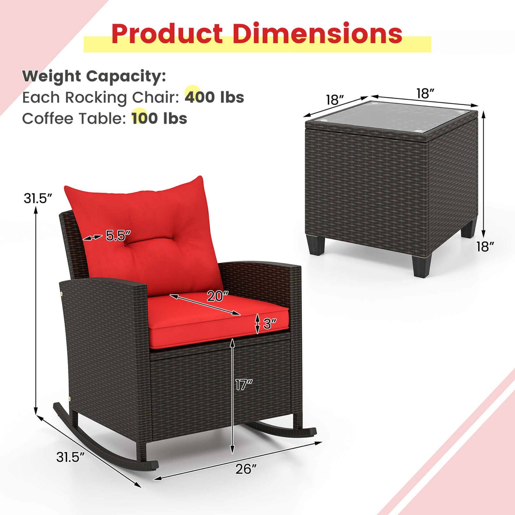 Product Dimensions:
Weight Capacity:
- Each Rocking Chair: 400 lbs
- Coffee Table: 100 lbs

Dimensions:
- 18" x 18" x 31.5"
- 5.5" x 18" x 20"
- 13" x 3" x 17"
- 31.5" x 31.5" x 26"