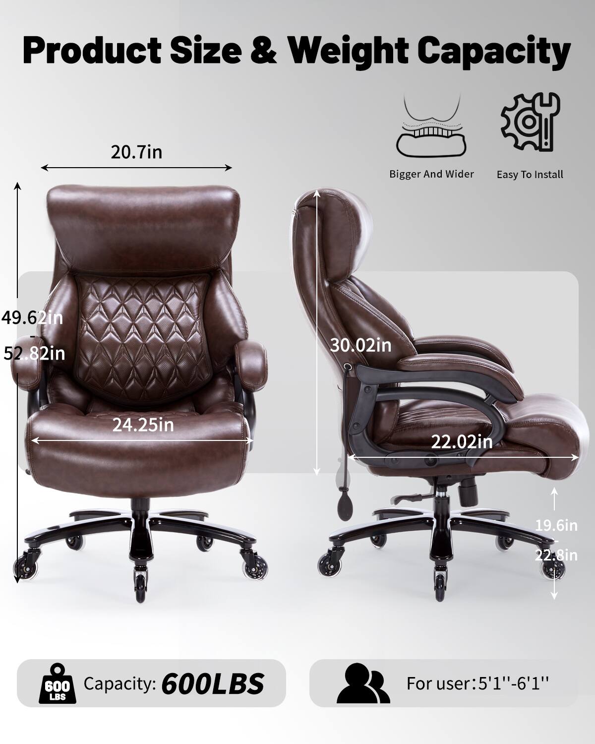 Left. Forest'nSky - Big & Tall Executive Chair - 600lb Heavy Duty Office Chair with Pocket Spring Cushion - Brown.