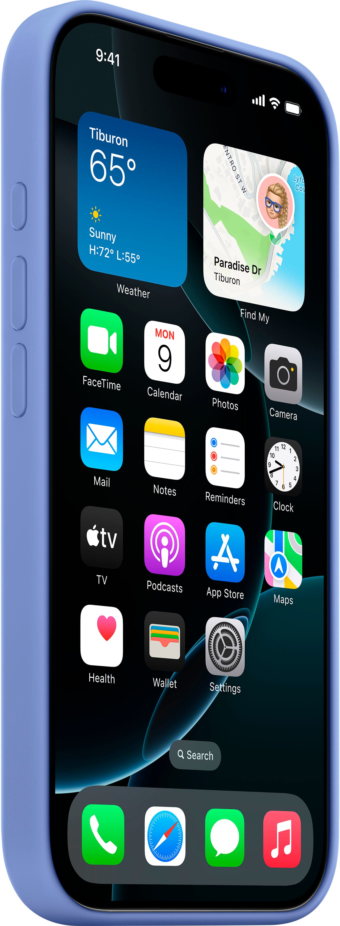 The image shows a blue iPhone with a screen displaying the time of 9:41 and the weather as sunny. The screen also shows a variety of apps, including FaceTime, Calendar, Notes, Reminders, Podcasts, App Store, Health, Mail, TV, and Wallet. Additionally, there is a clock and a map app on the screen. The image is taken in Tiburon, with a temperature of 65 degrees Fahrenheit.